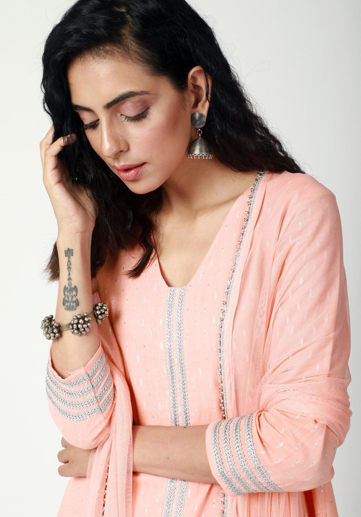 trueBrowns Peach Silver Laced Kurta-Pant-Dupatta | Swadesiicart