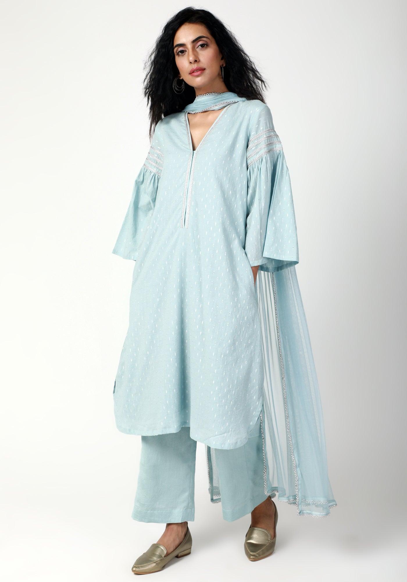 trueBrowns Blue Silver Laced Kurta-Pant-Dupatta | Swadesiicart