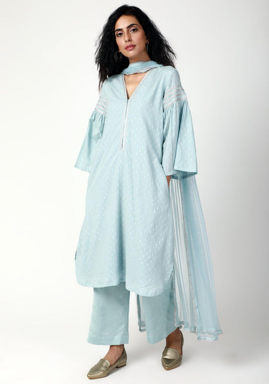 trueBrowns Blue Silver Laced Kurta-Pant-Dupatta | Swadesiicart