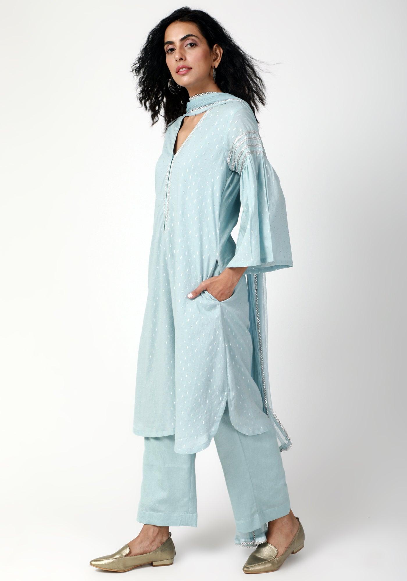 trueBrowns Blue Silver Laced Kurta-Pant-Dupatta | Swadesiicart