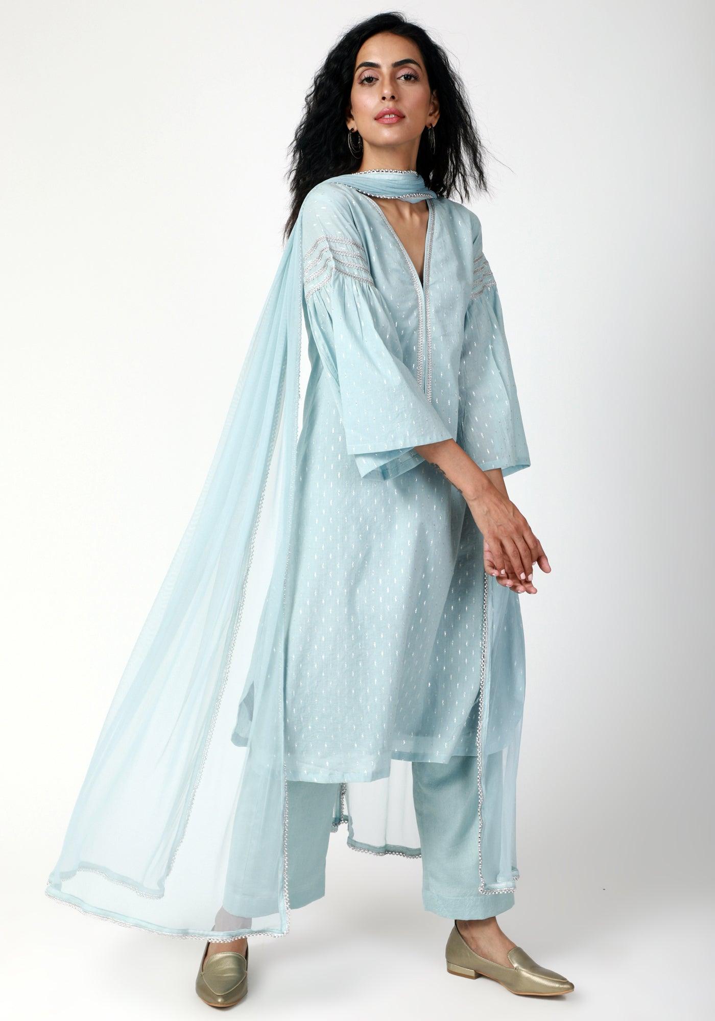 trueBrowns Blue Silver Laced Kurta-Pant-Dupatta | Swadesiicart