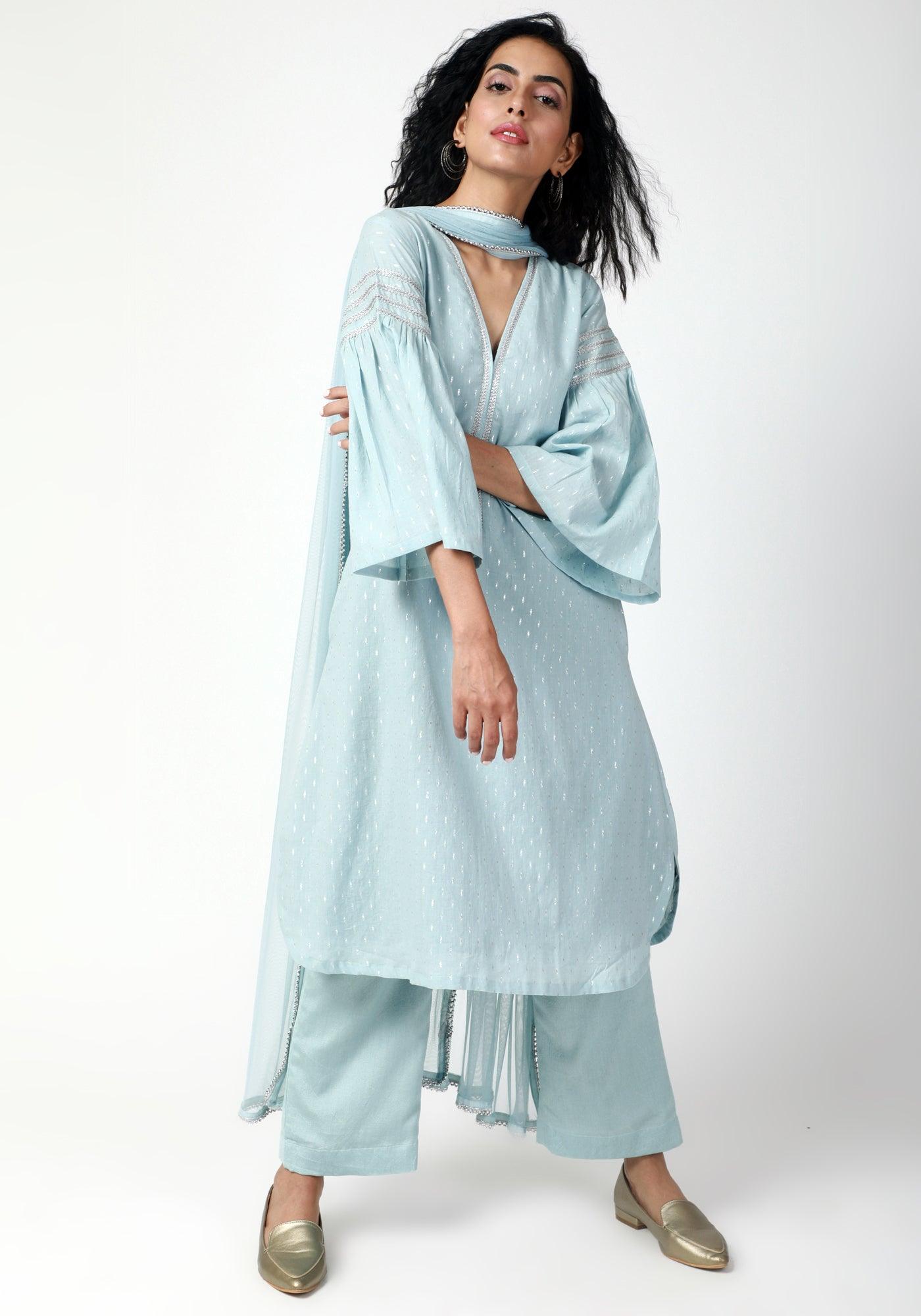 trueBrowns Blue Silver Laced Kurta-Pant-Dupatta | Swadesiicart
