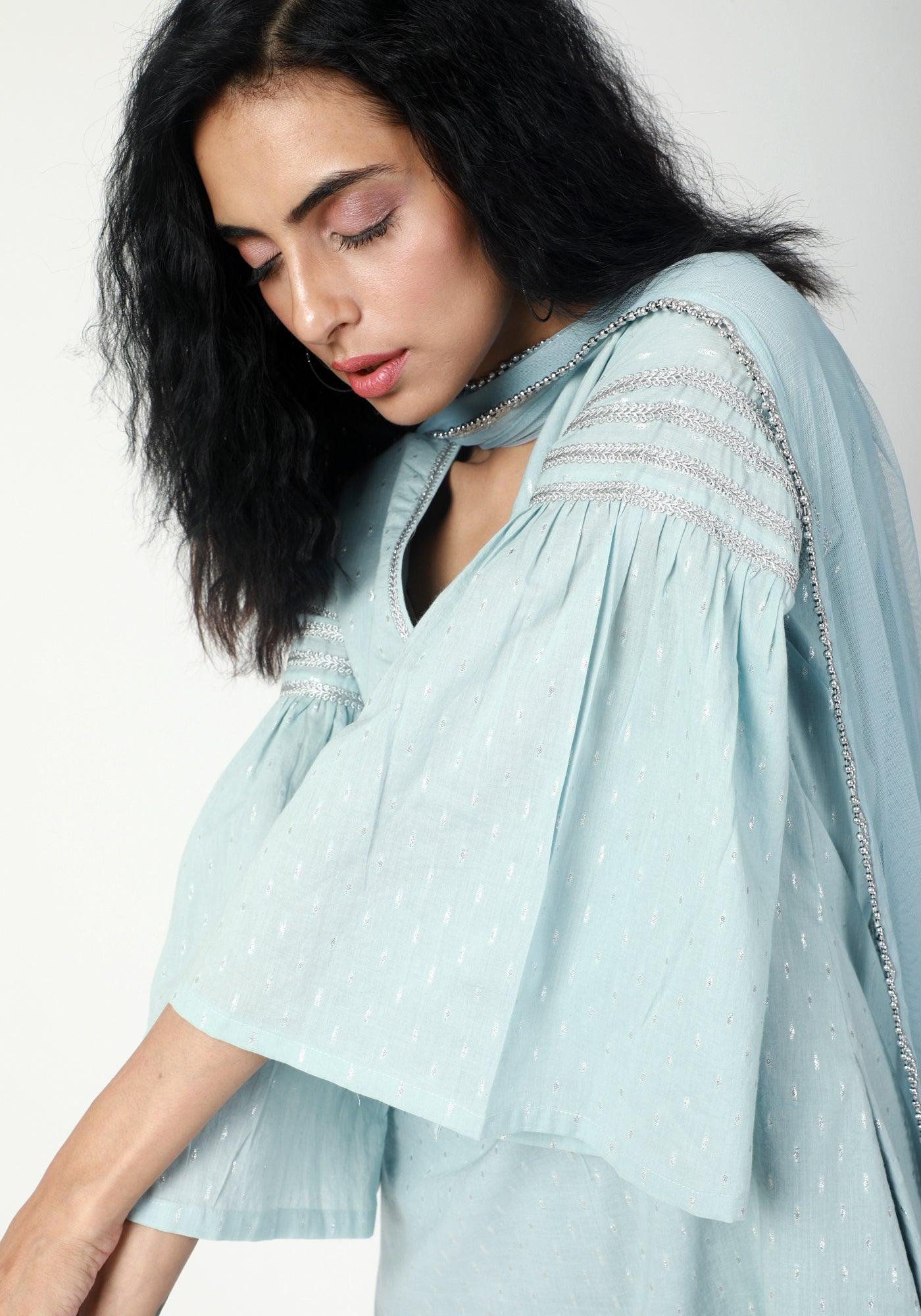 trueBrowns Blue Silver Laced Kurta-Pant-Dupatta | Swadesiicart