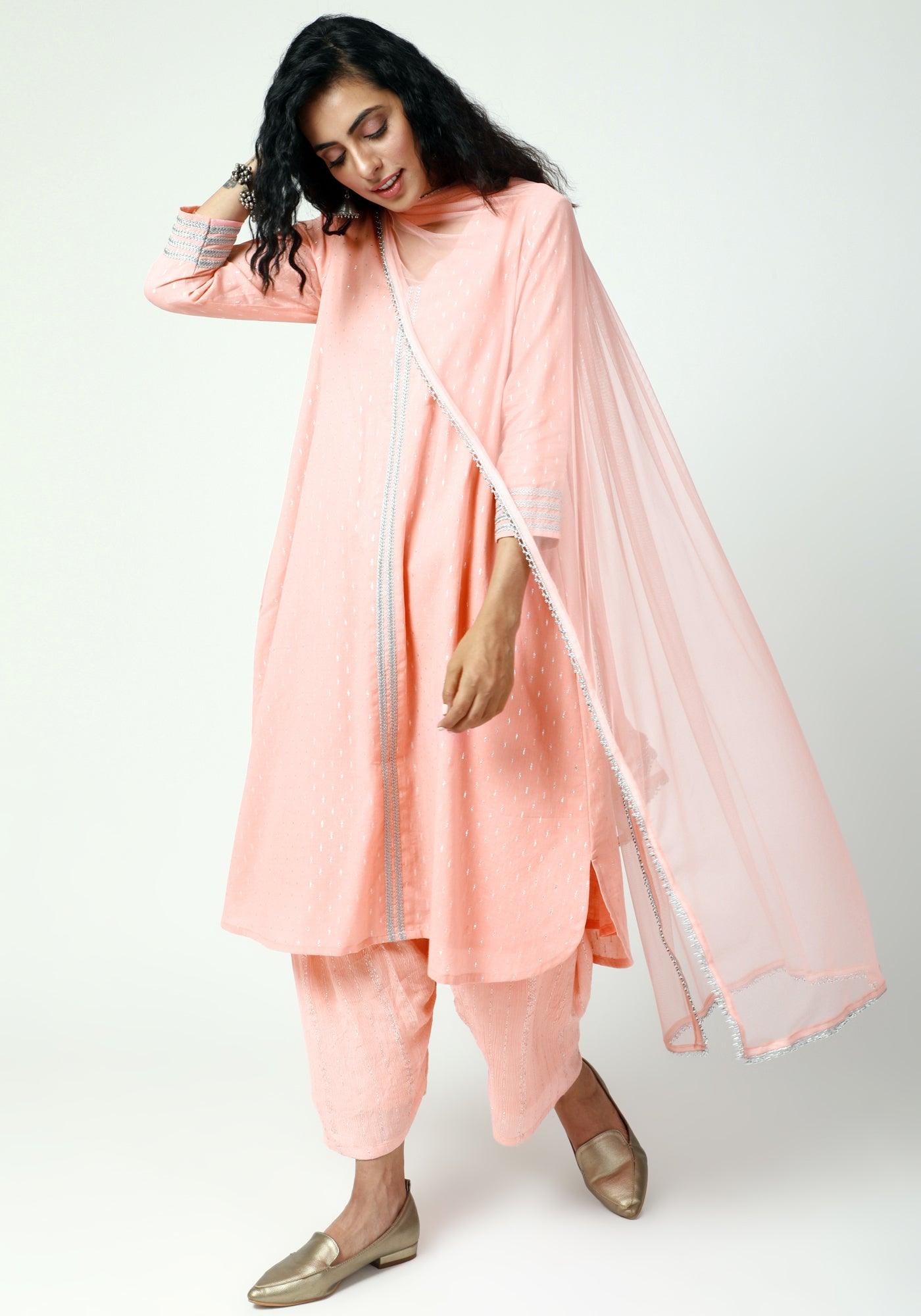 trueBrowns Peach Silver Laced Kurta- Ruffled Pant-Dupatta | Swadesiicart
