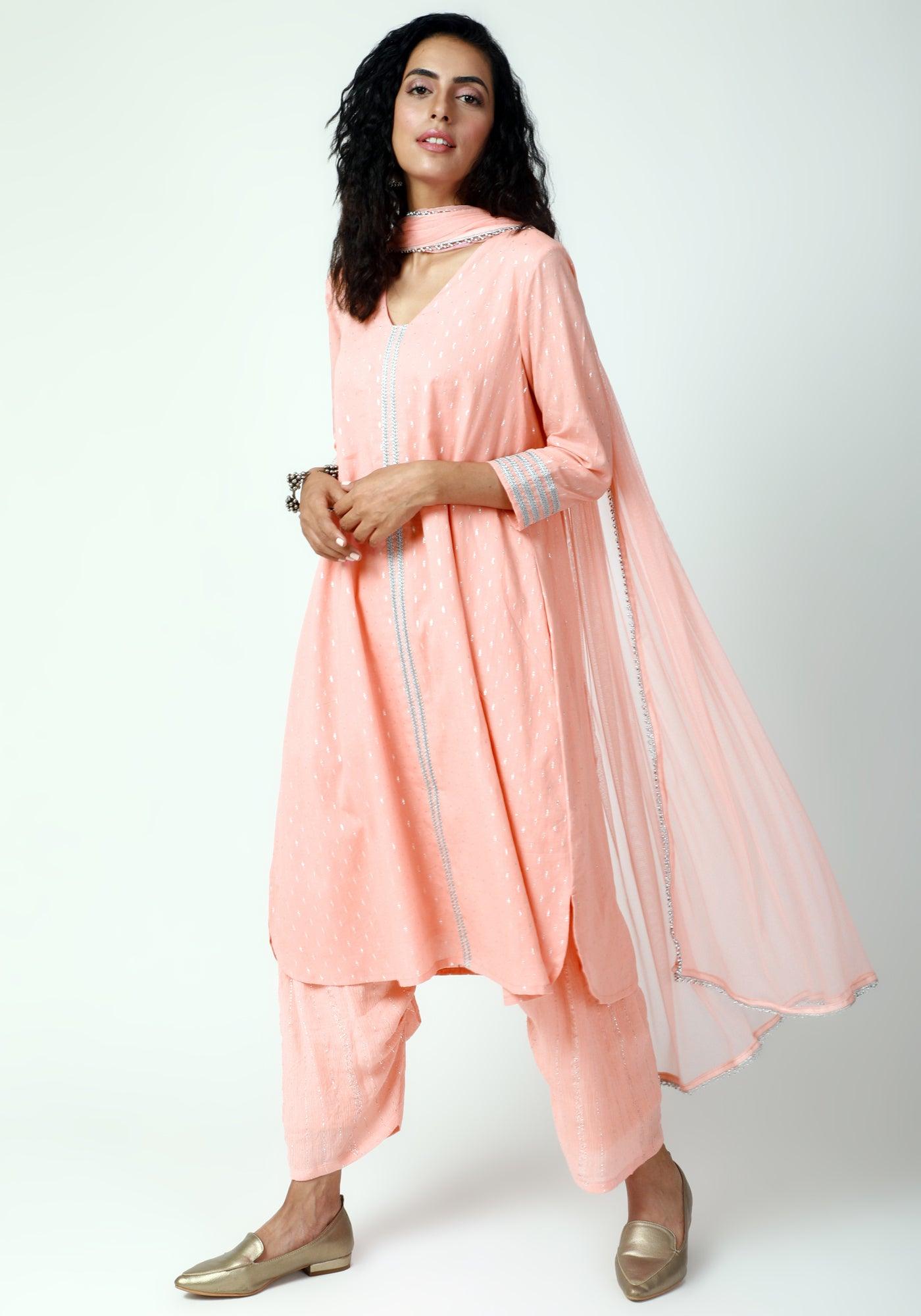 trueBrowns Peach Silver Laced Kurta- Ruffled Pant-Dupatta | Swadesiicart