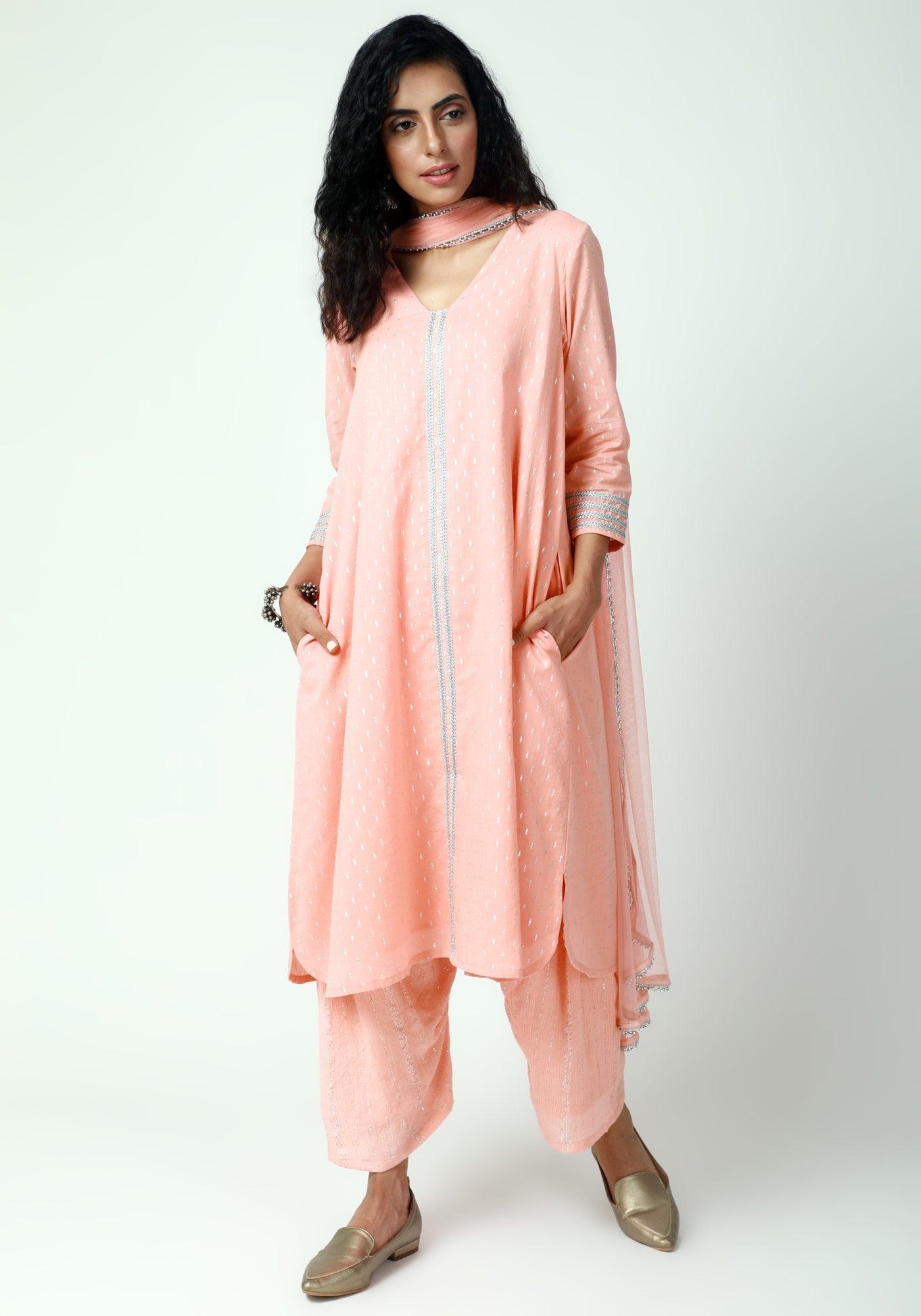 trueBrowns Peach Silver Laced Kurta- Ruffled Pant-Dupatta | Swadesiicart