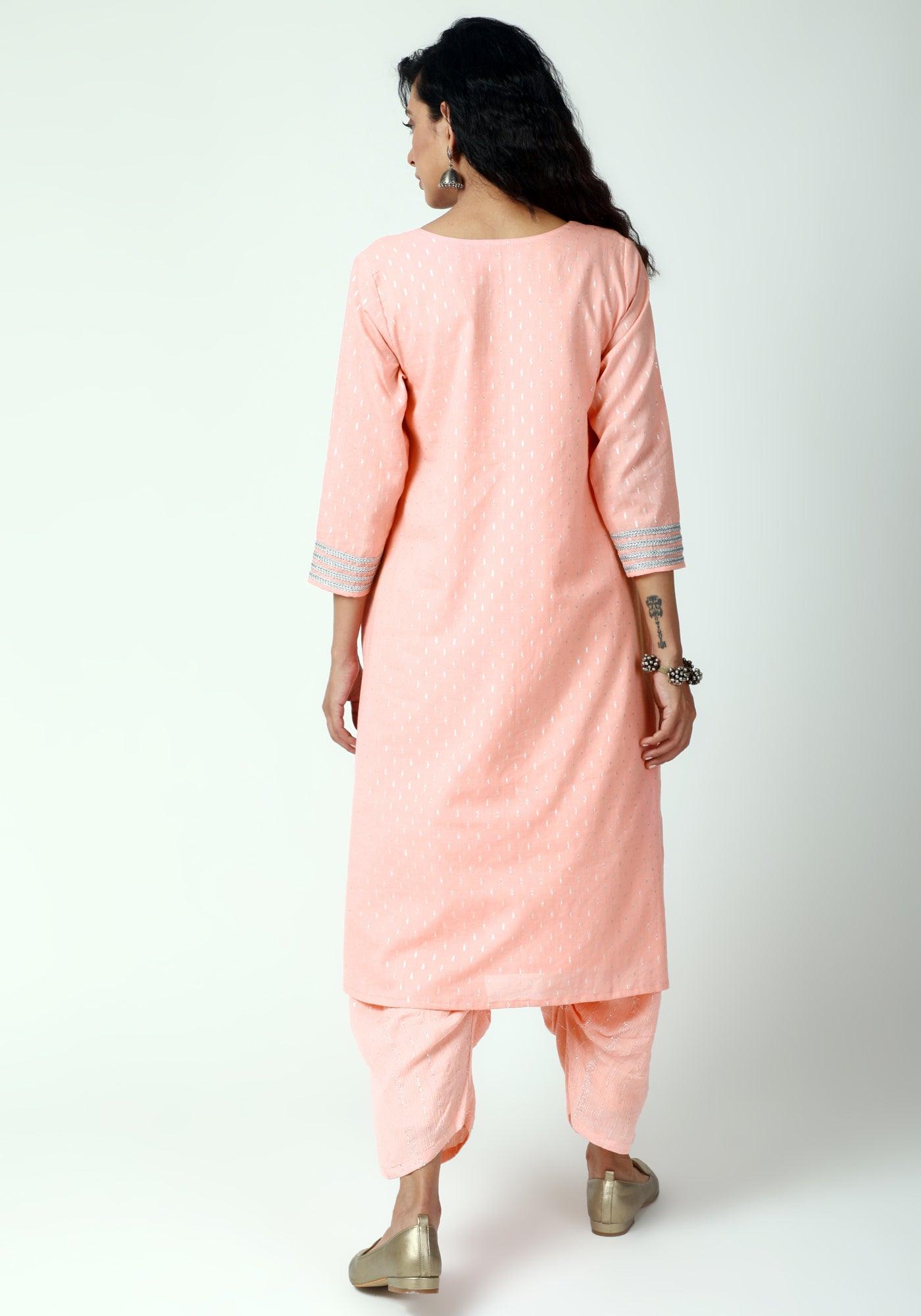 trueBrowns Peach Silver Laced Kurta- Ruffled Pant-Dupatta | Swadesiicart
