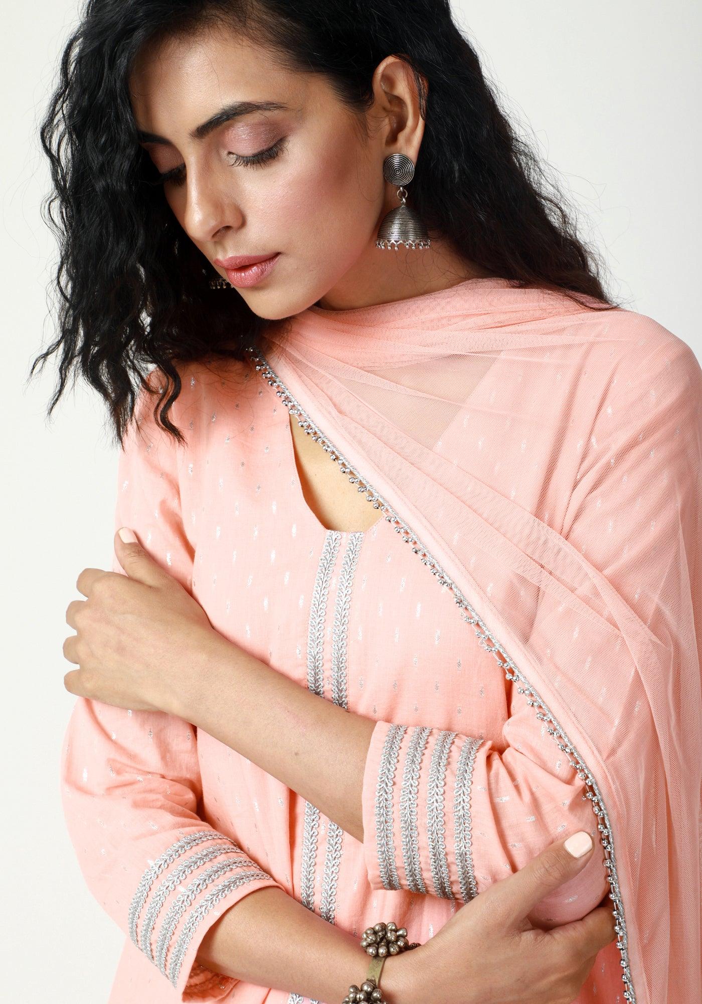 trueBrowns Peach Silver Laced Kurta- Ruffled Pant-Dupatta | Swadesiicart