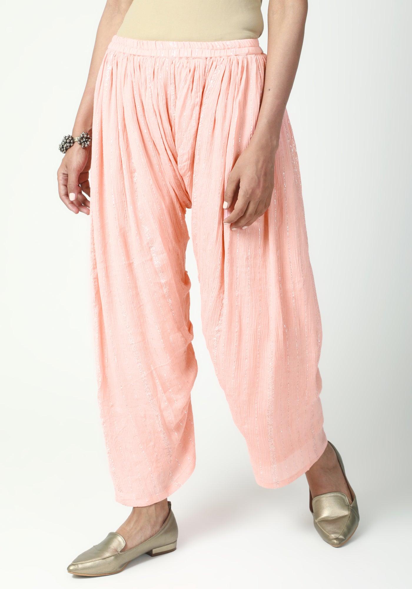 trueBrowns Peach Silver Laced Kurta- Ruffled Pant-Dupatta | Swadesiicart