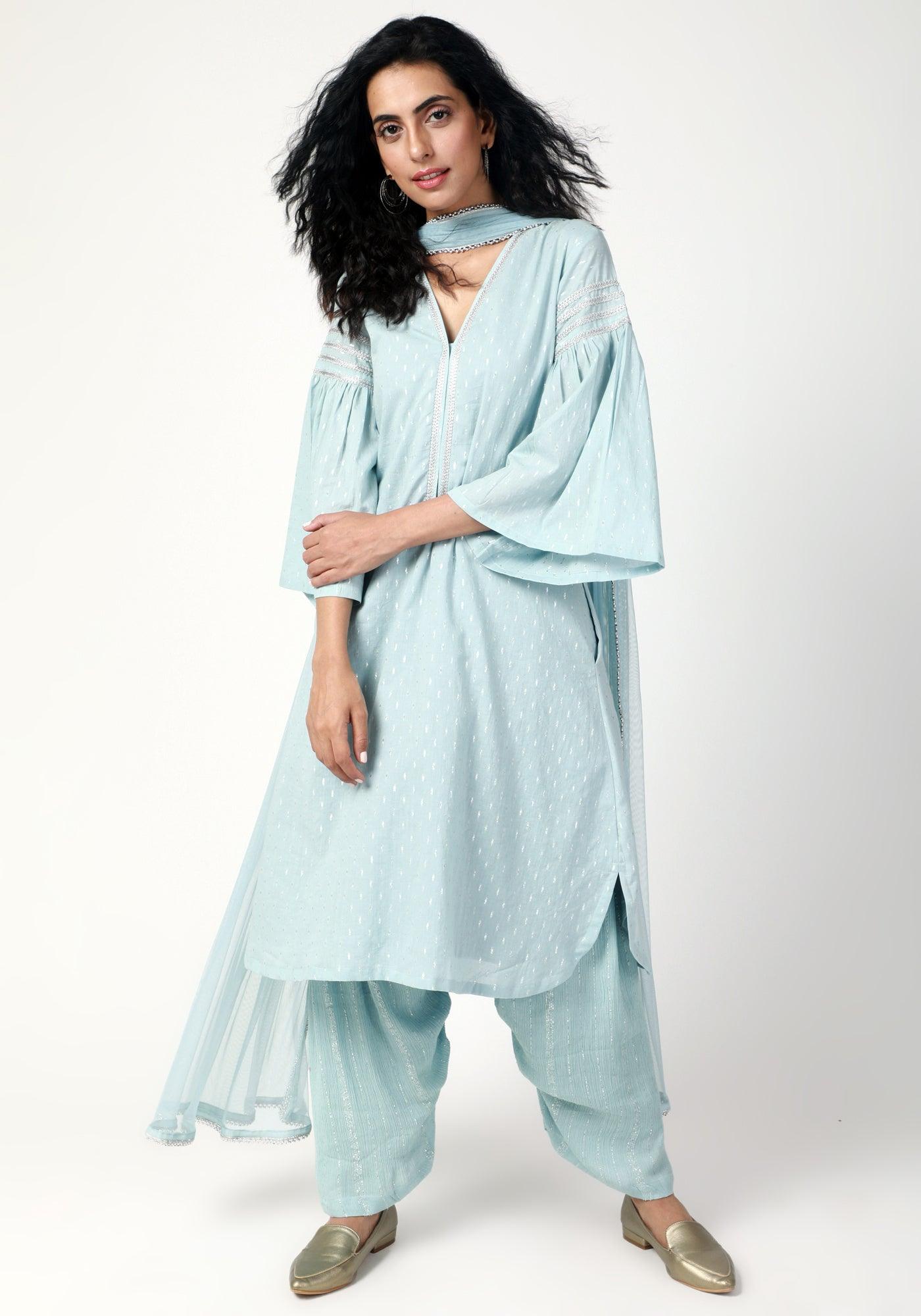 trueBrowns Blue Silver Laced Kurta- Ruffled Pant-Dupatta | Swadesiicart