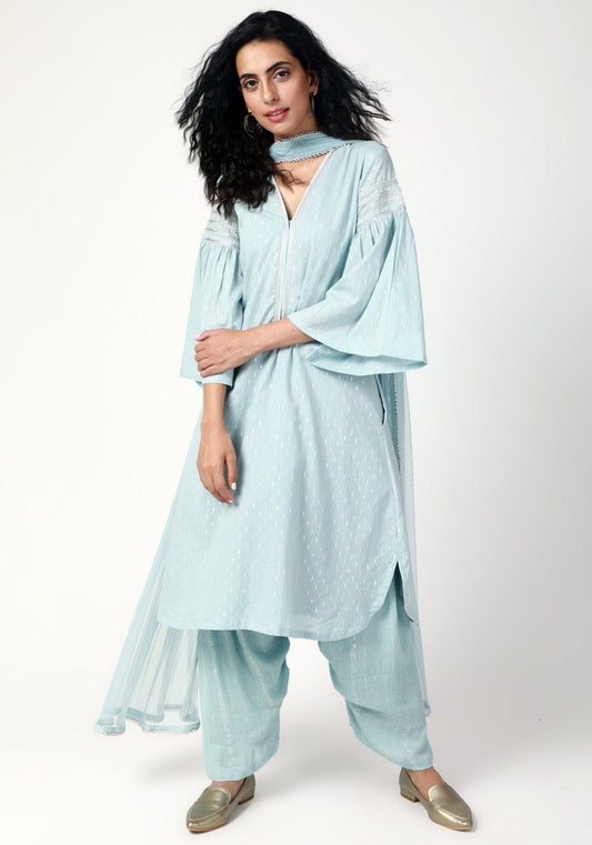 trueBrowns Blue Silver Laced Kurta- Ruffled Pant-Dupatta | Swadesiicart