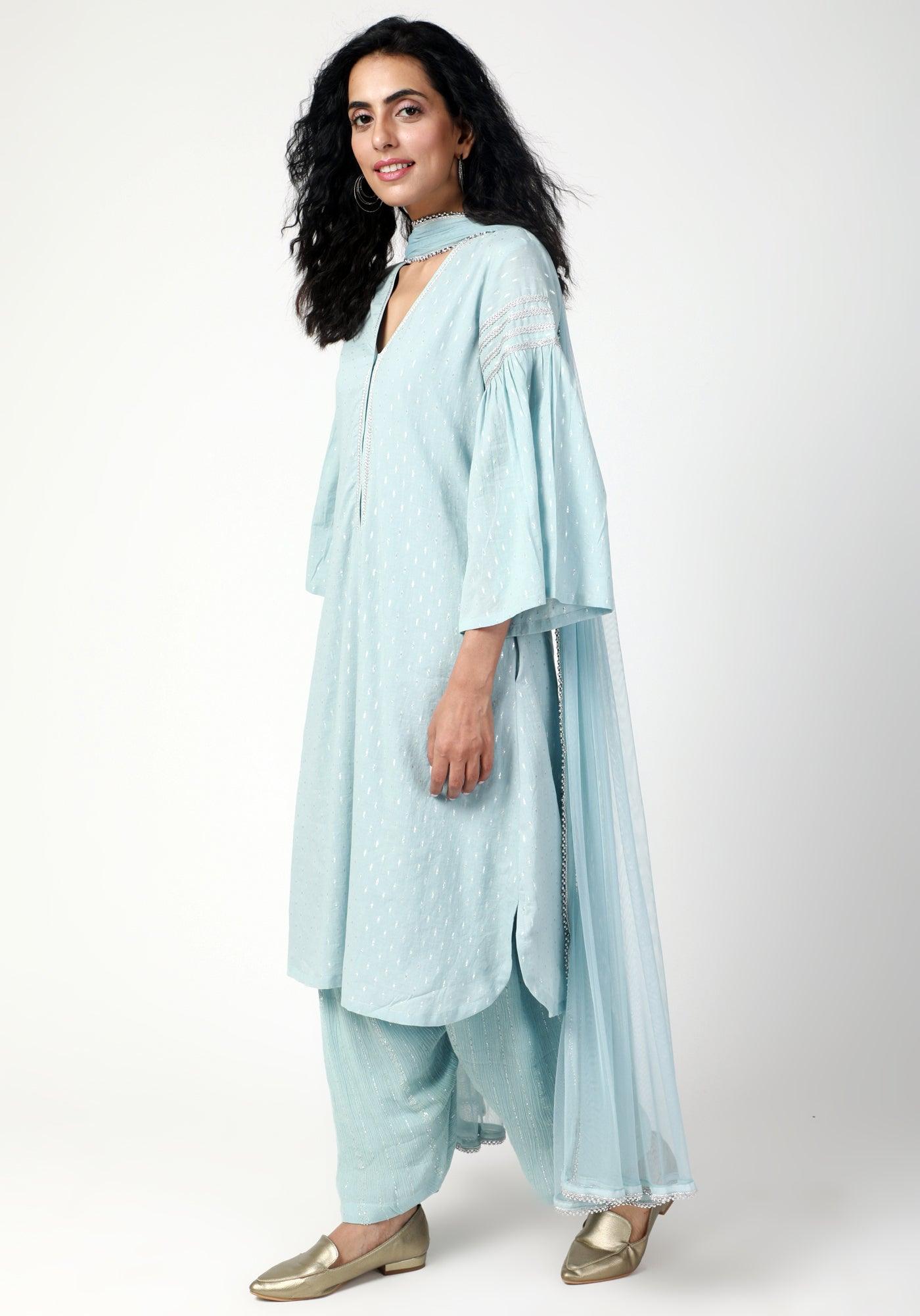 trueBrowns Blue Silver Laced Kurta- Ruffled Pant-Dupatta | Swadesiicart