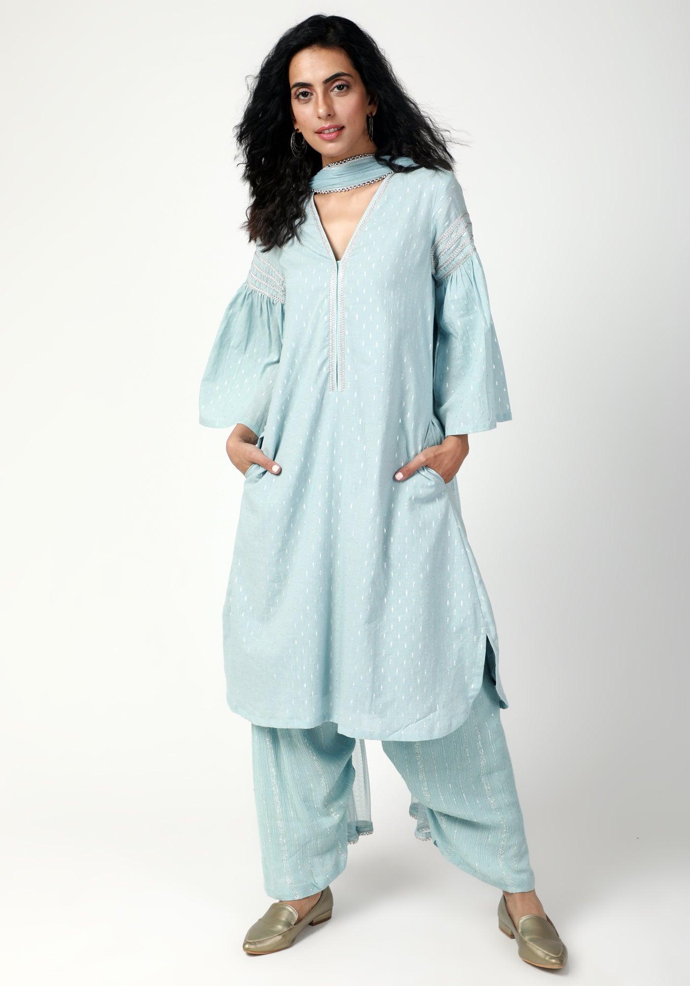 trueBrowns Blue Silver Laced Kurta- Ruffled Pant-Dupatta | Swadesiicart