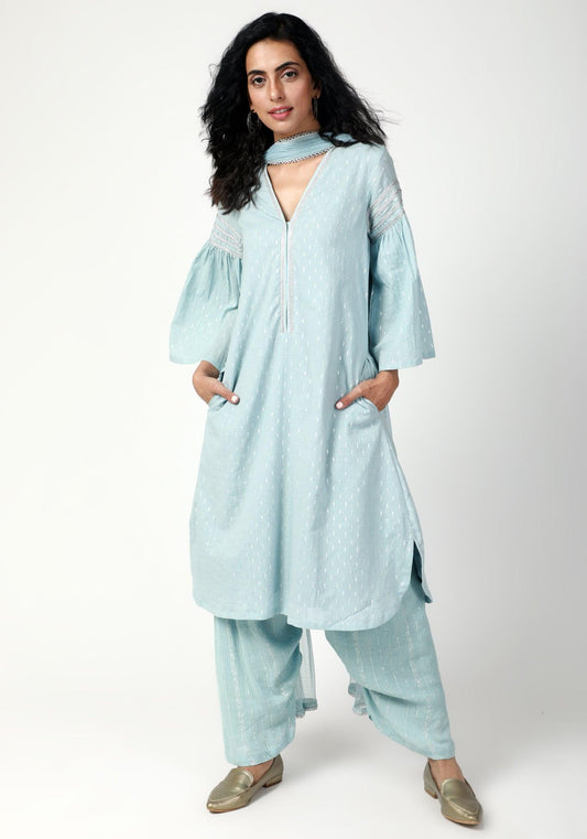 trueBrowns Blue Silver Laced Kurta- Ruffled Pant-Dupatta | Swadesiicart