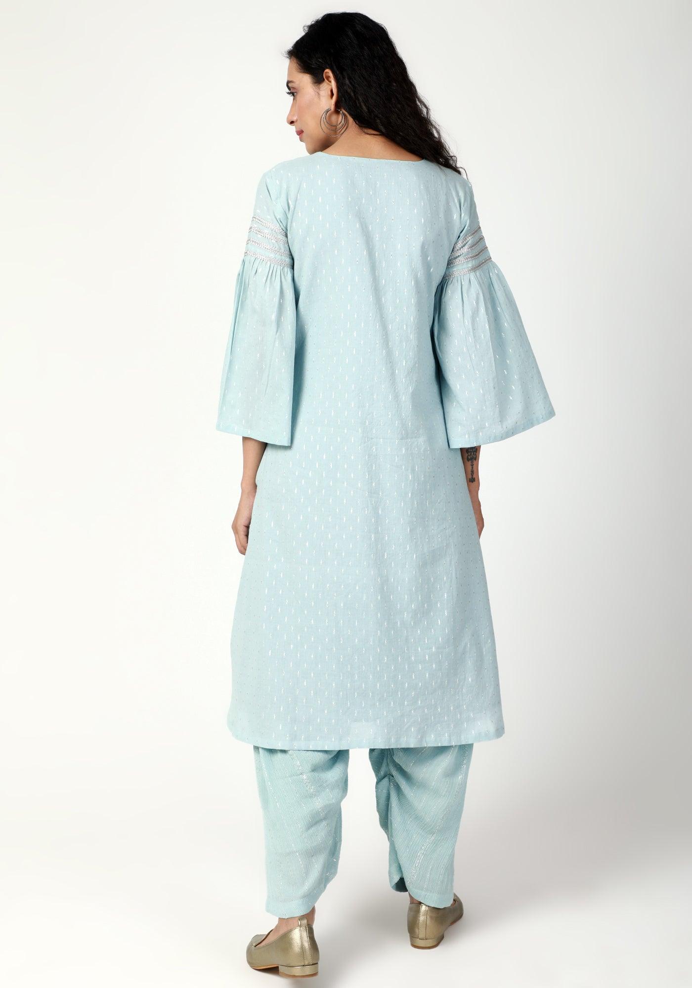 trueBrowns Blue Silver Laced Kurta- Ruffled Pant-Dupatta | Swadesiicart