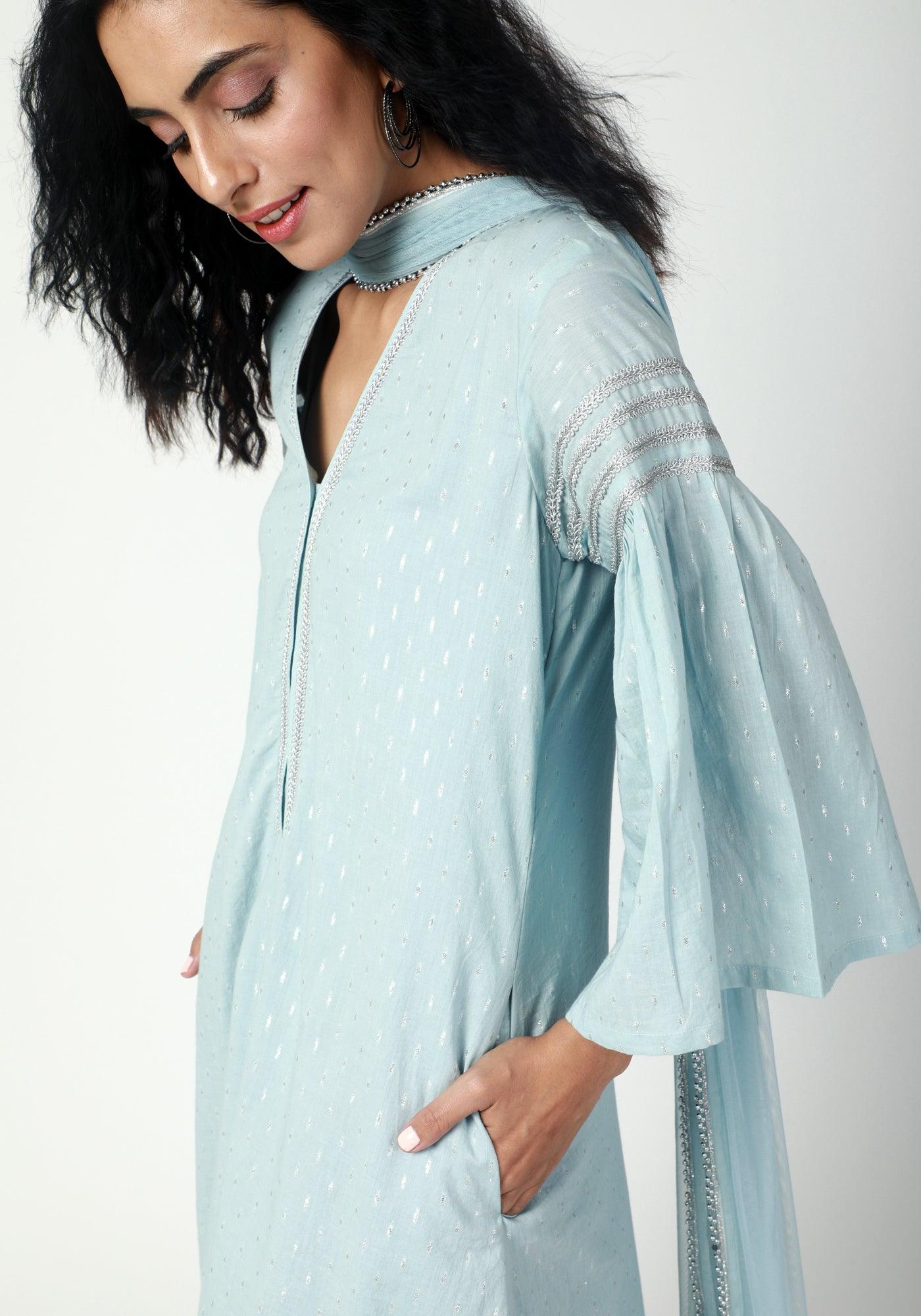trueBrowns Blue Silver Laced Kurta- Ruffled Pant-Dupatta | Swadesiicart