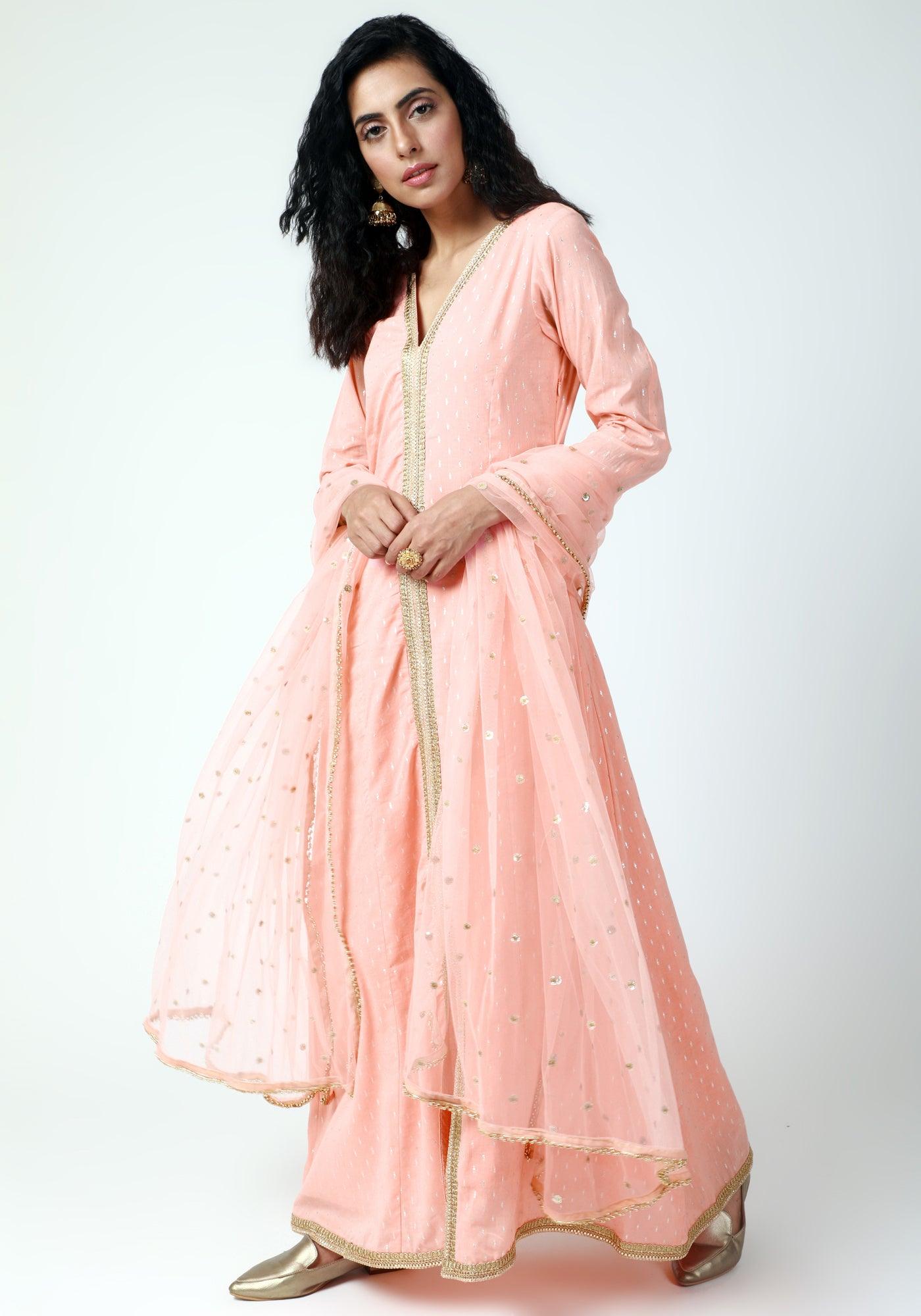 trueBrowns Peach Lace Kurta-Pant-Dupatta | Swadesiicart