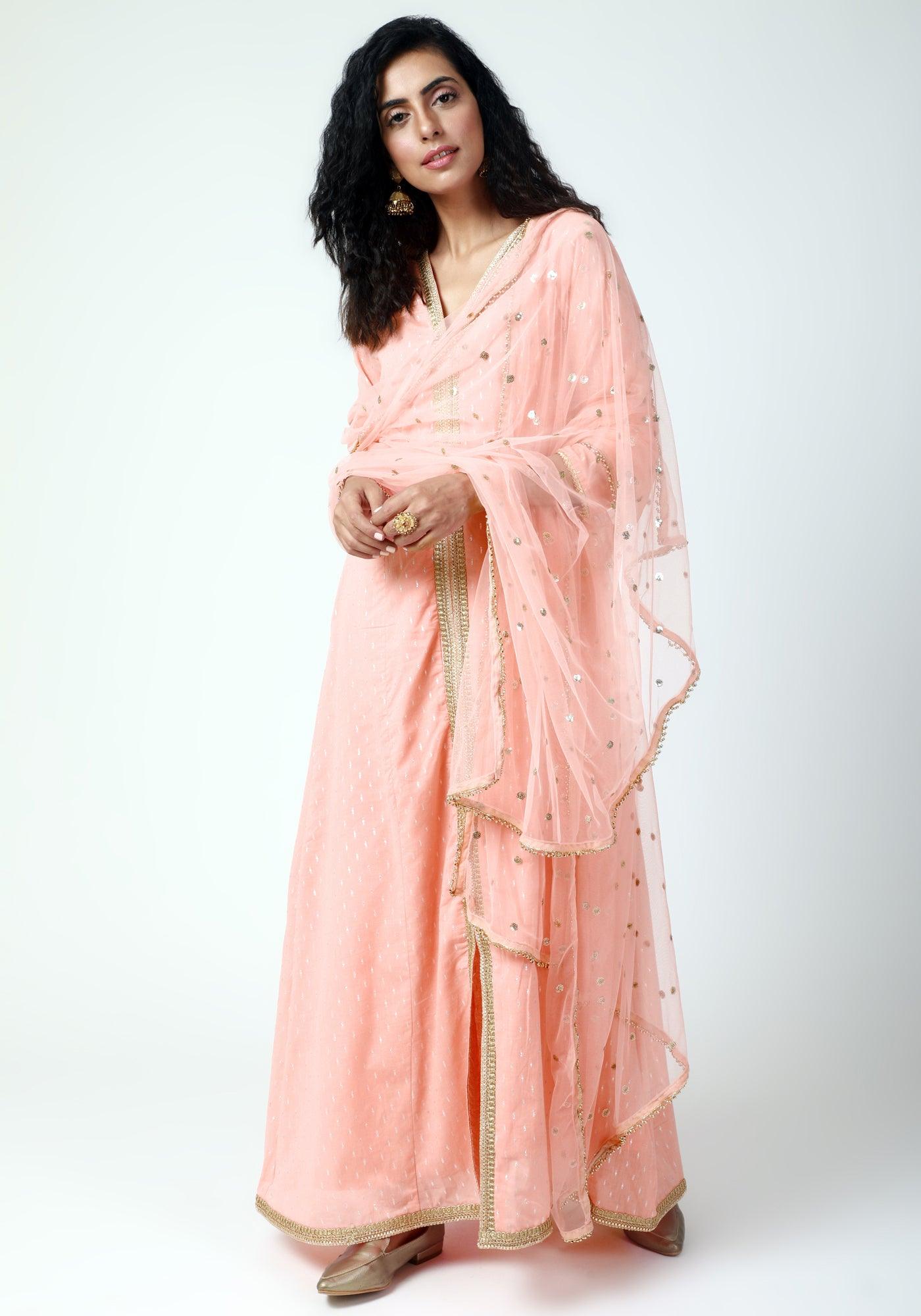 trueBrowns Peach Lace Kurta-Pant-Dupatta | Swadesiicart