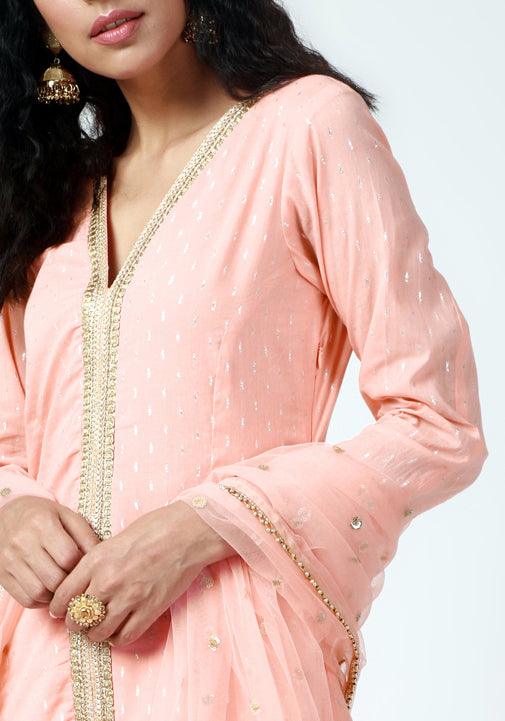 trueBrowns Peach Lace Kurta-Pant-Dupatta | Swadesiicart