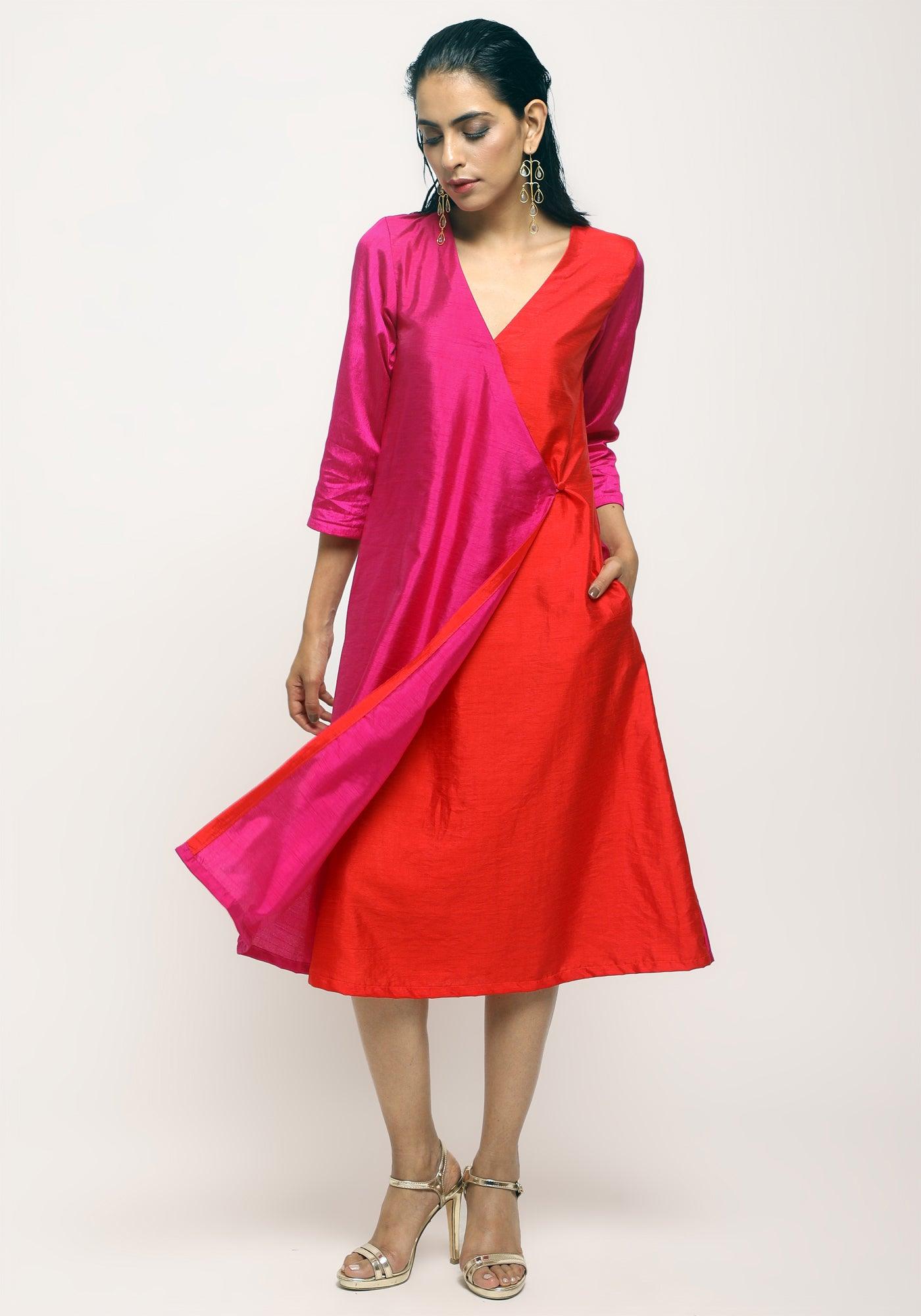 trueBrowns Pink Contrast Overlap Dress | Swadesiicart