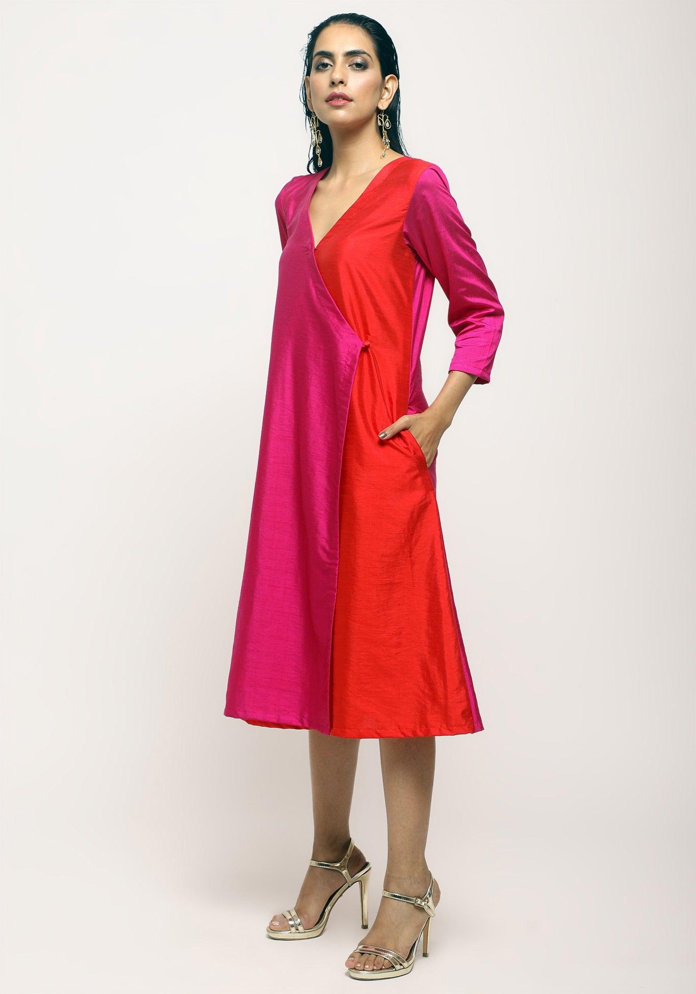trueBrowns Pink Contrast Overlap Dress | Swadesiicart