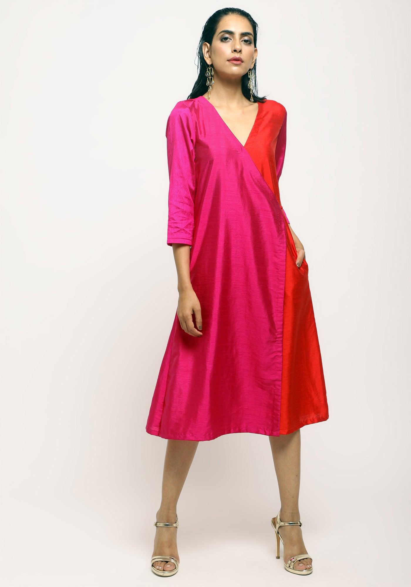trueBrowns Pink Contrast Overlap Dress | Swadesiicart