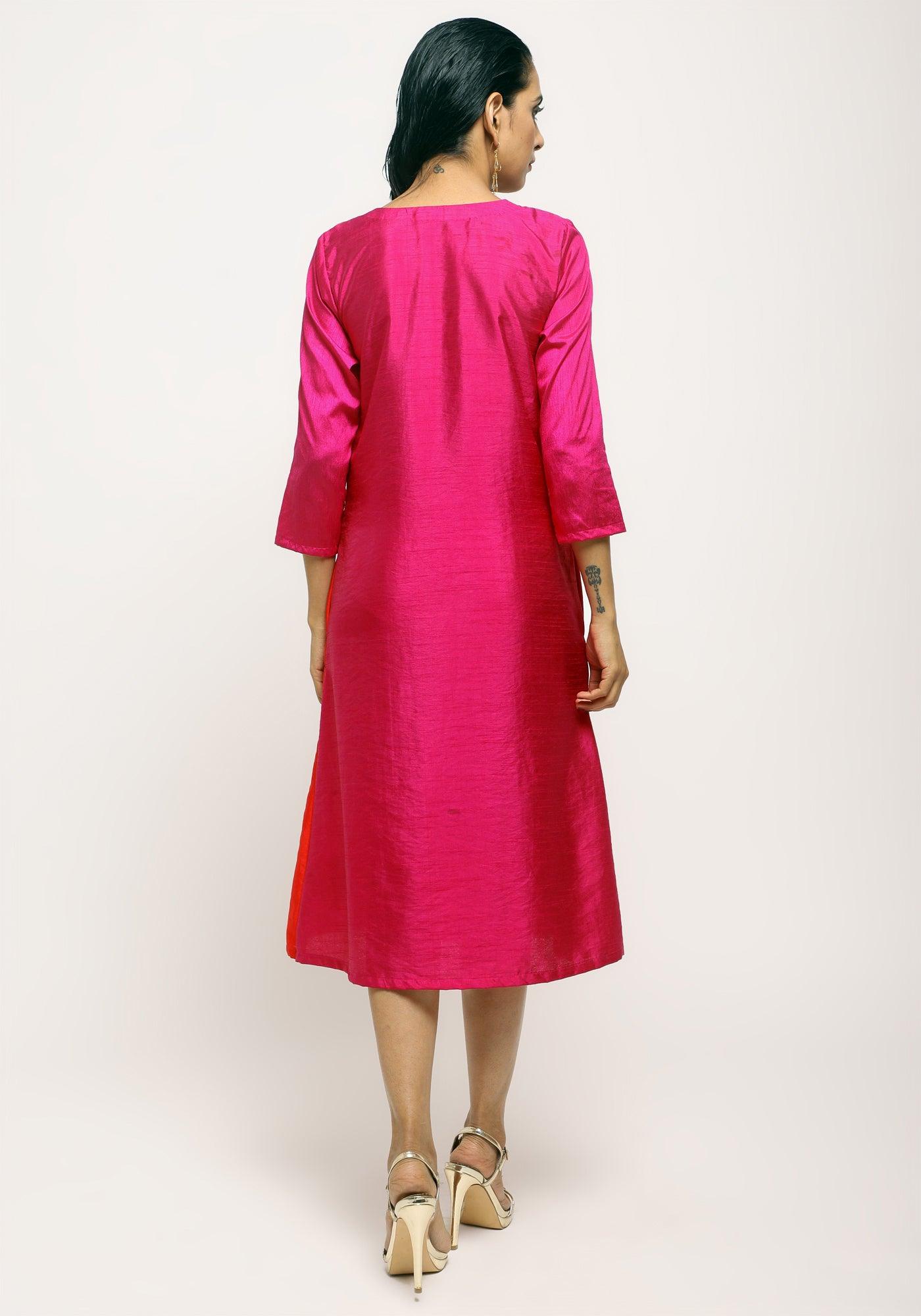trueBrowns Pink Contrast Overlap Dress | Swadesiicart