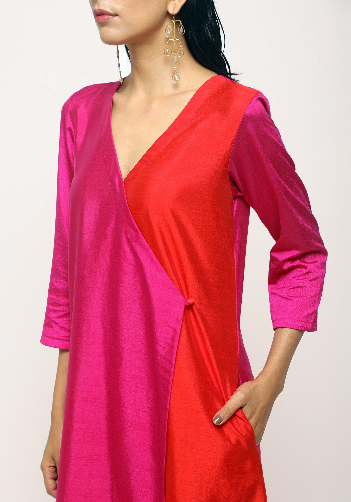 trueBrowns Pink Contrast Overlap Dress | Swadesiicart