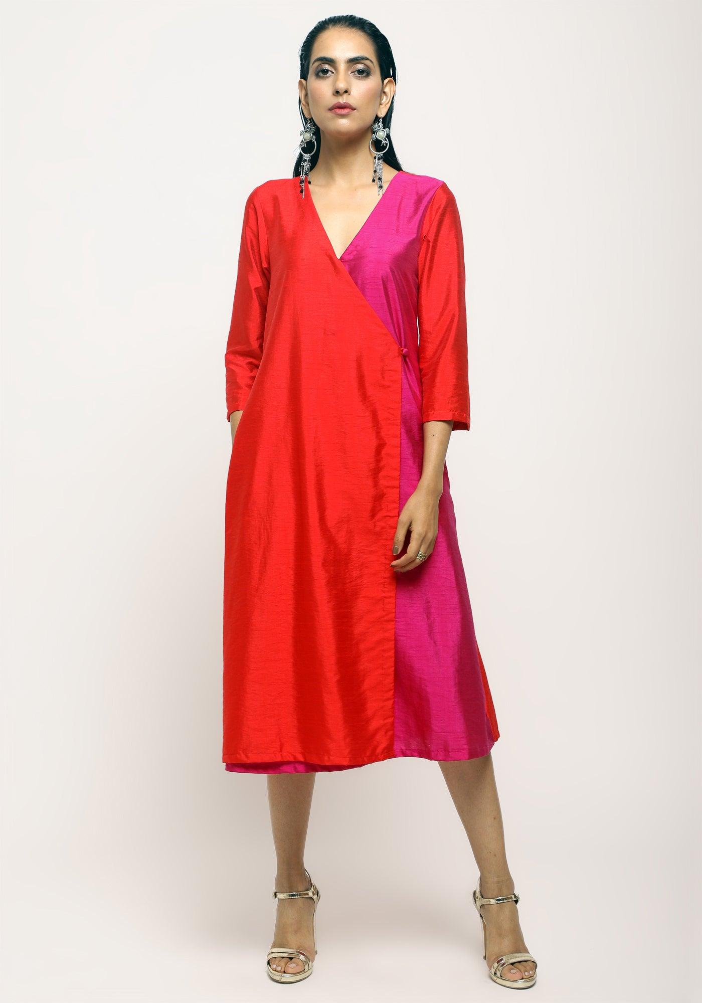 trueBrowns Orange Contrast Overlap Dress | Swadesiicart