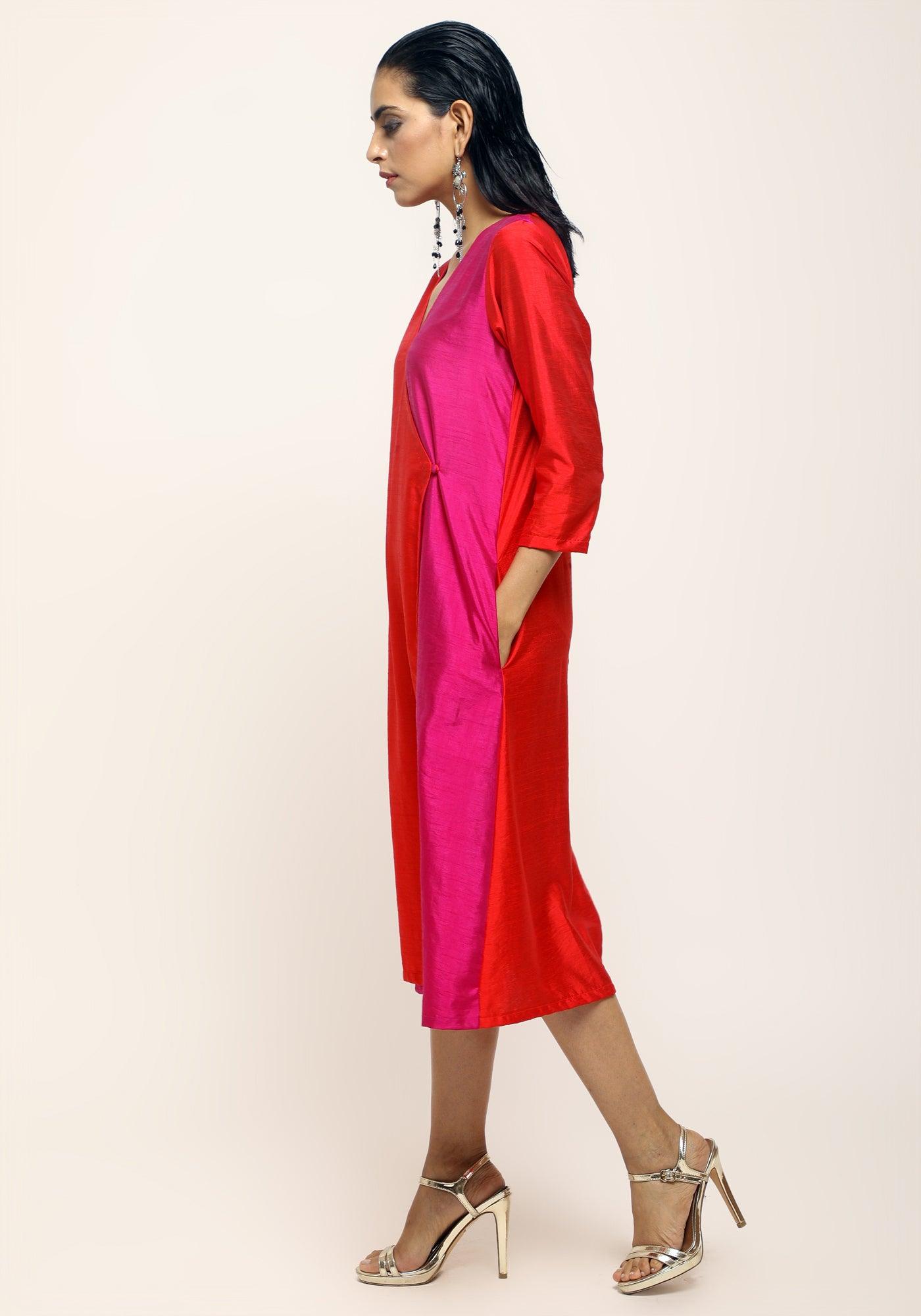 trueBrowns Orange Contrast Overlap Dress | Swadesiicart
