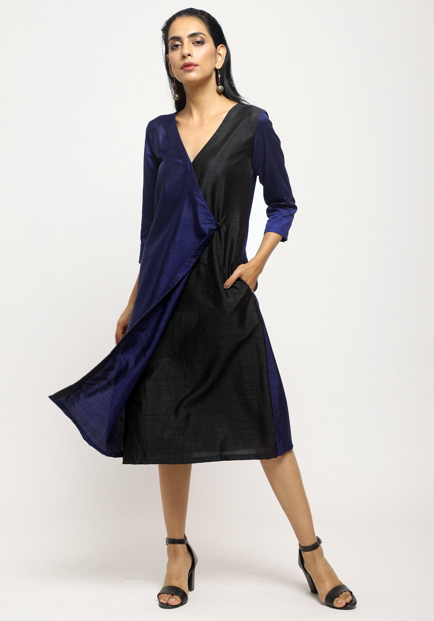 trueBrowns Blue Contrast Overlap Dress | Swadesiicart