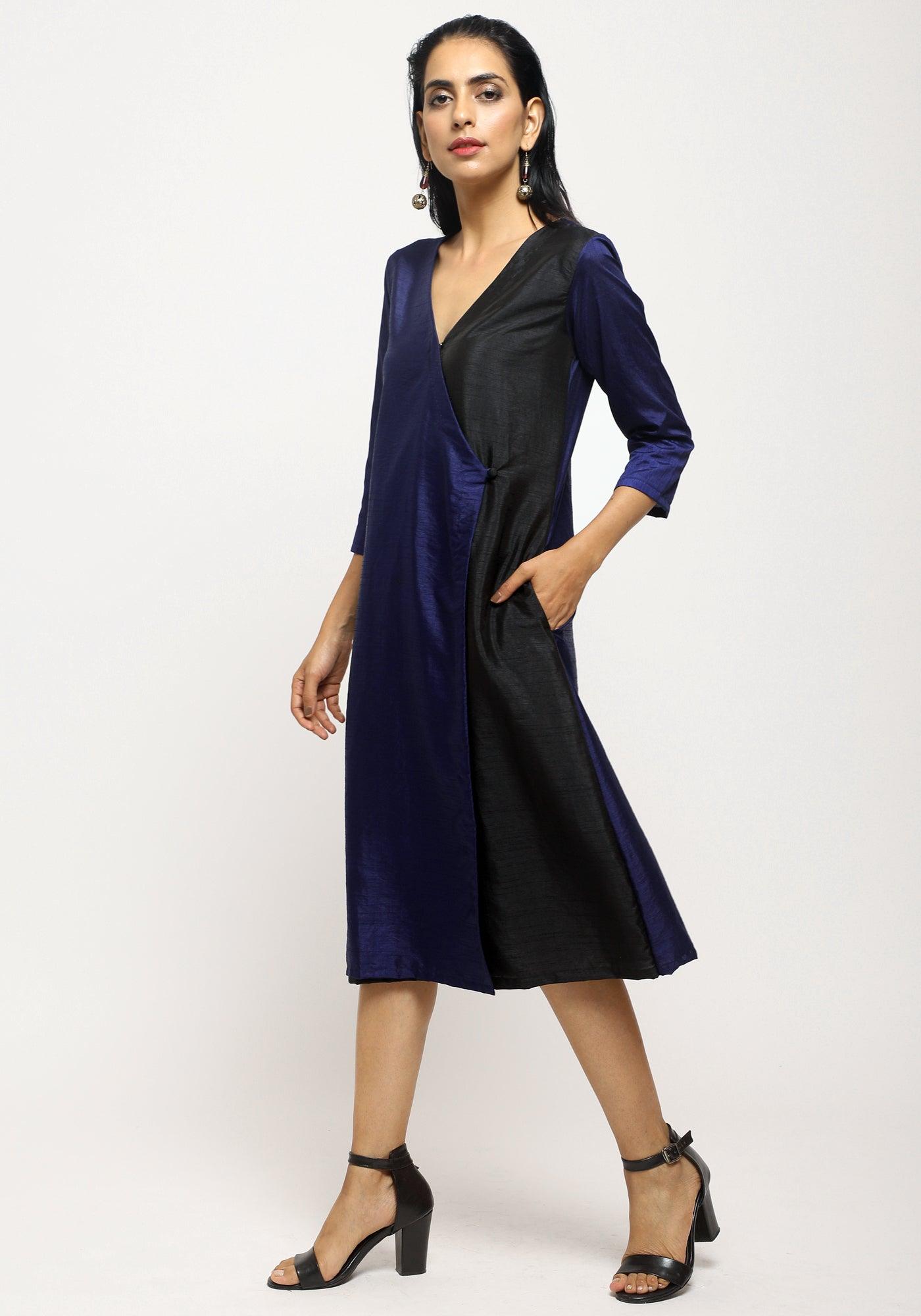 trueBrowns Blue Contrast Overlap Dress | Swadesiicart