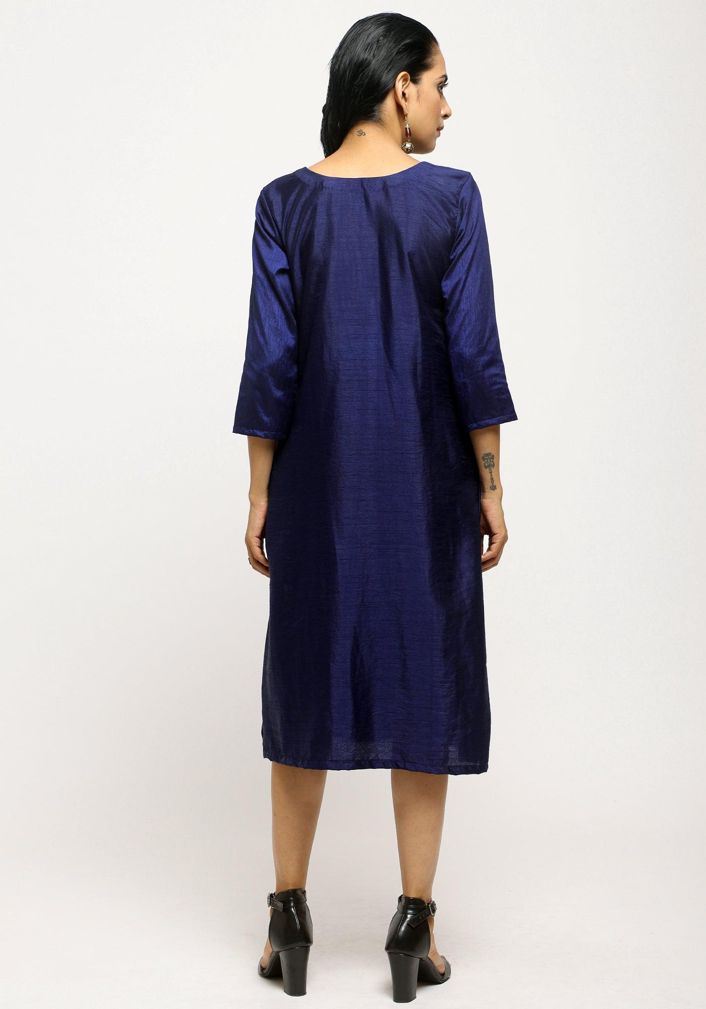trueBrowns Blue Contrast Overlap Dress | Swadesiicart