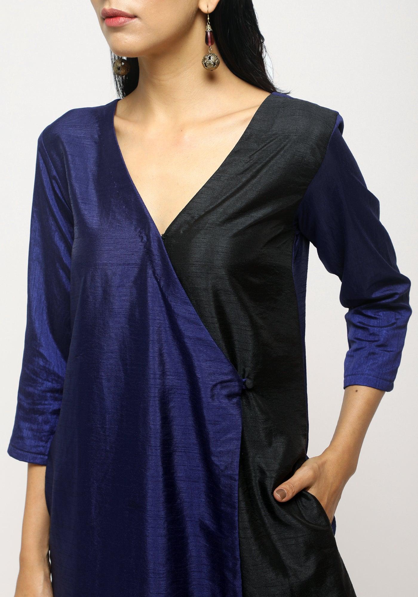 trueBrowns Blue Contrast Overlap Dress | Swadesiicart