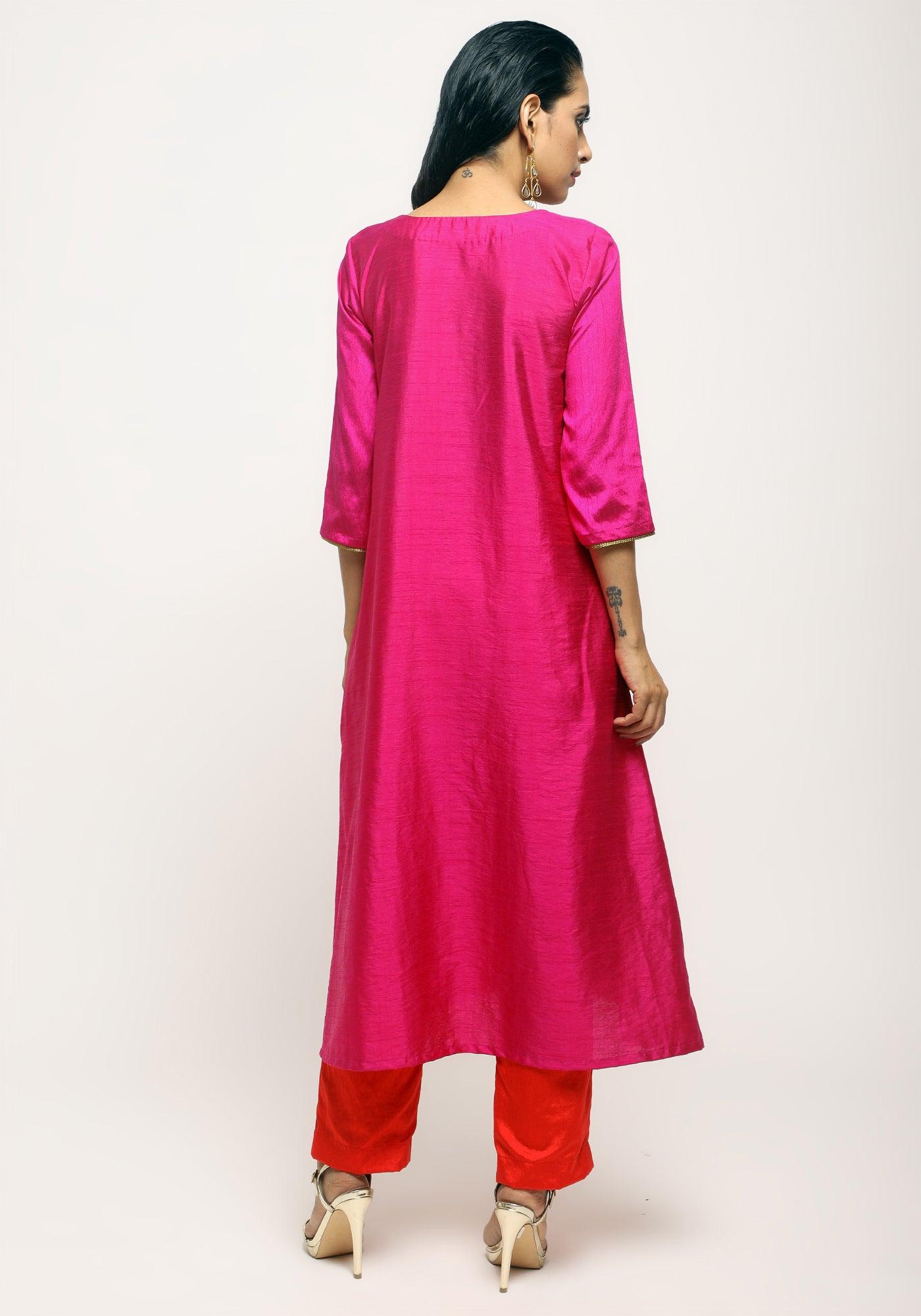 trueBrowns Pink Laced Kurta Set | Swadesiicart