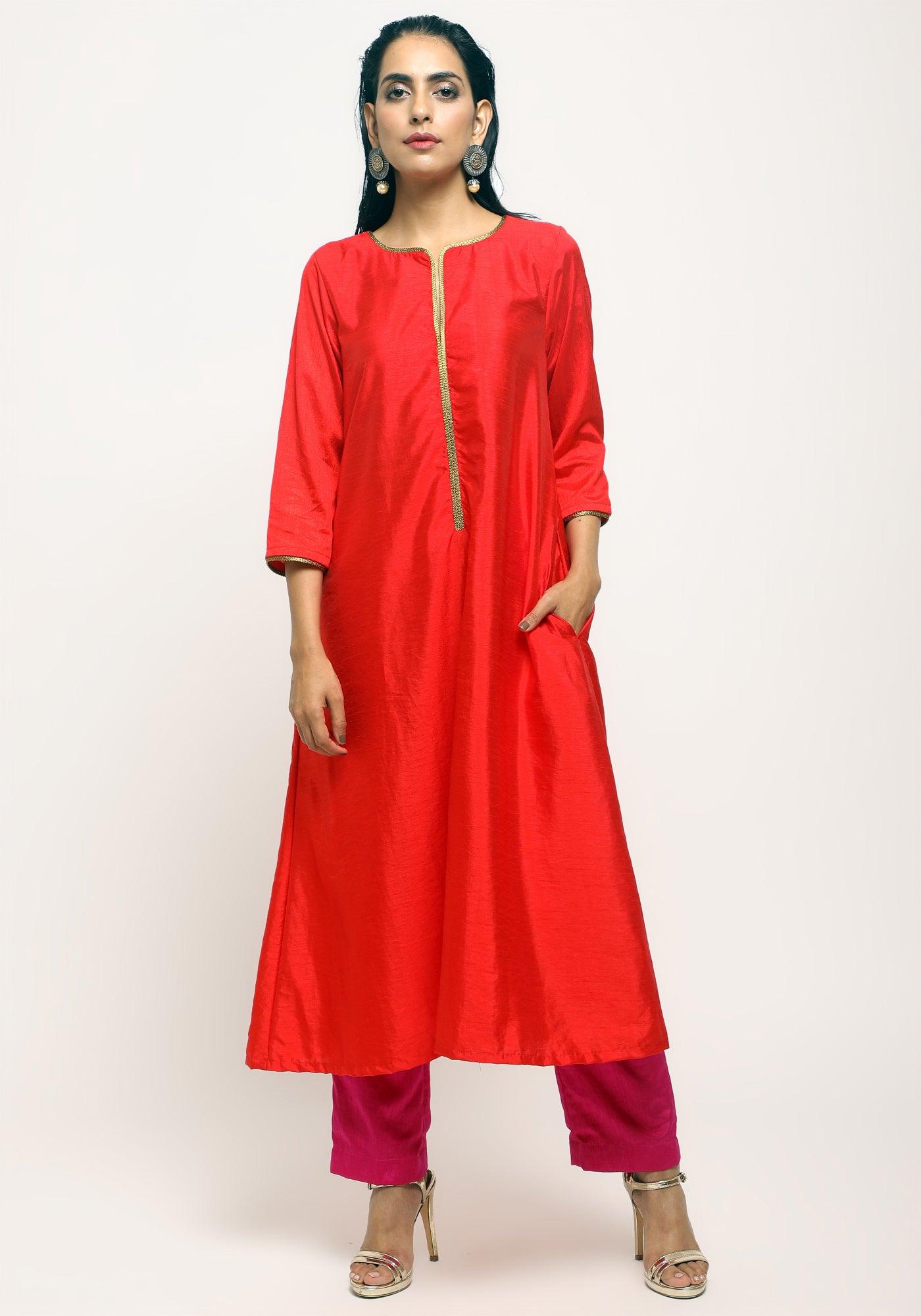trueBrowns Orange Laced Kurta Set | Swadesiicart