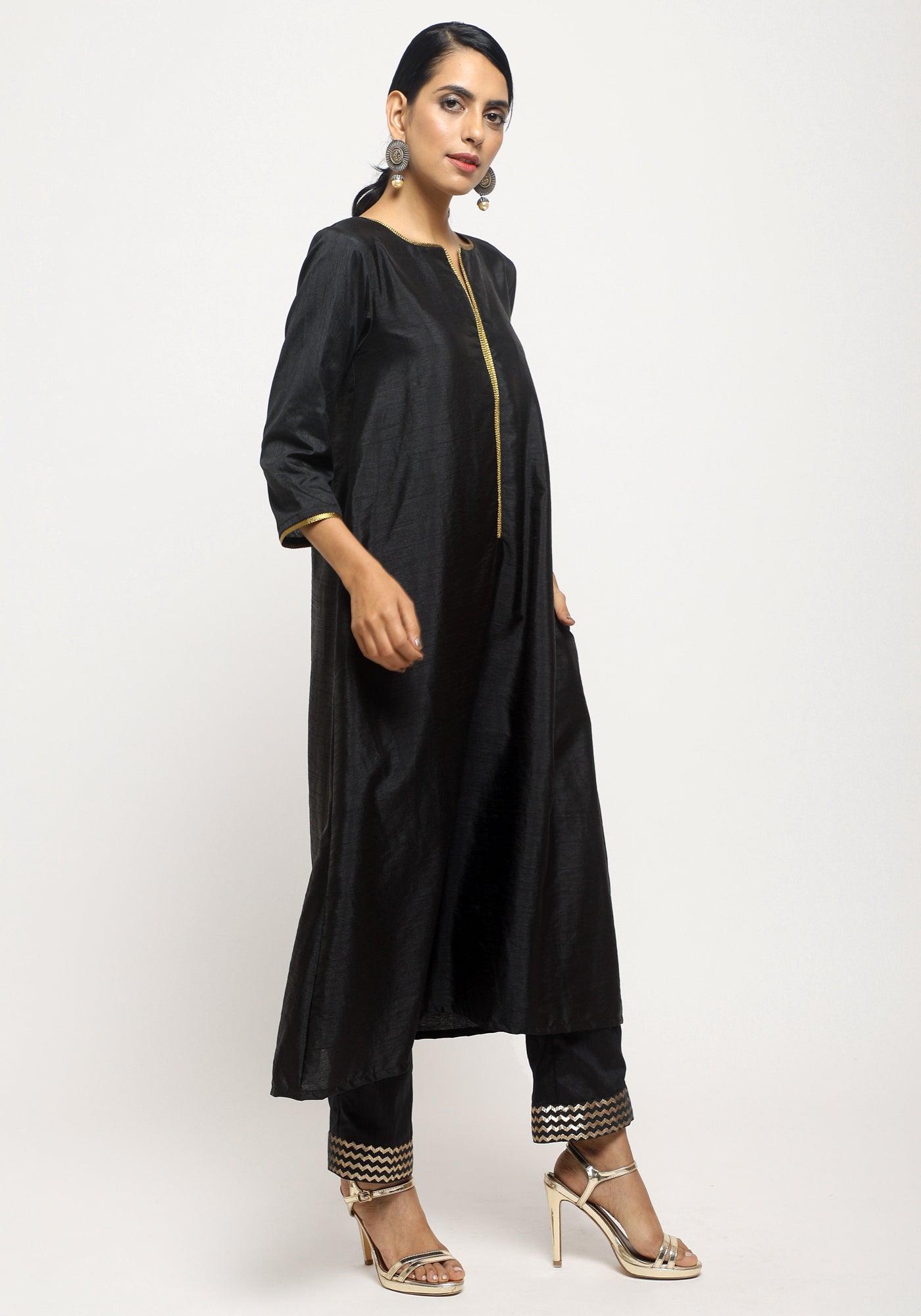 trueBrowns Black Laced Kurta- Foil Pant | Swadesiicart