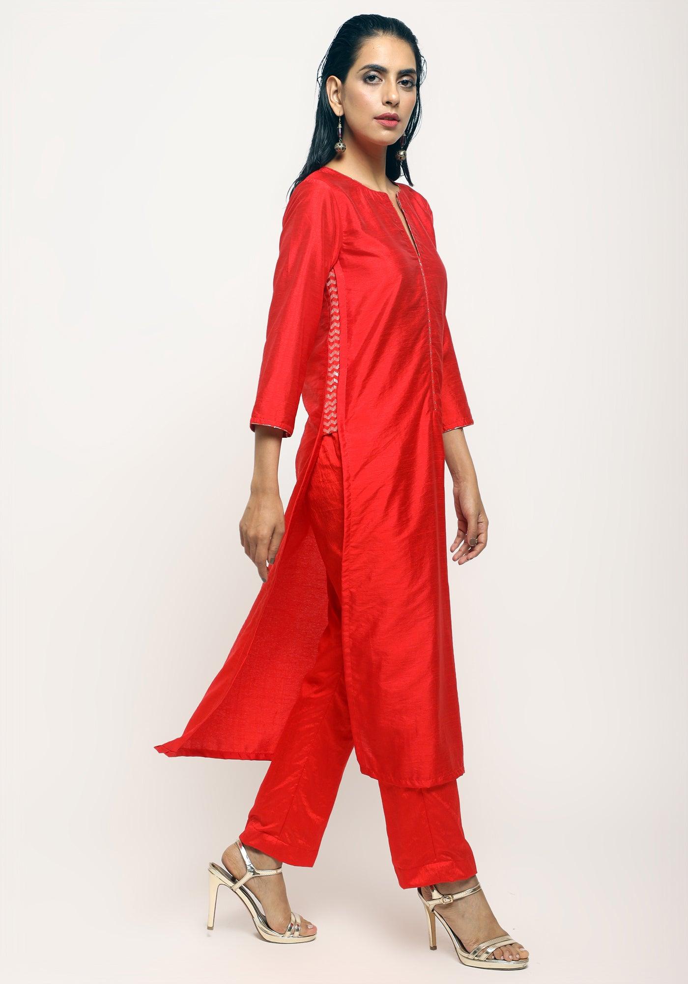 trueBrowns Orange Foil High Slit Set | Swadesiicart