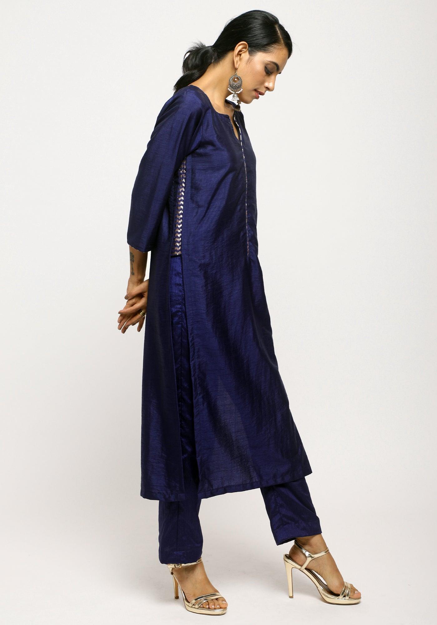 trueBrowns Blue Foil High Slit Set | Swadesiicart