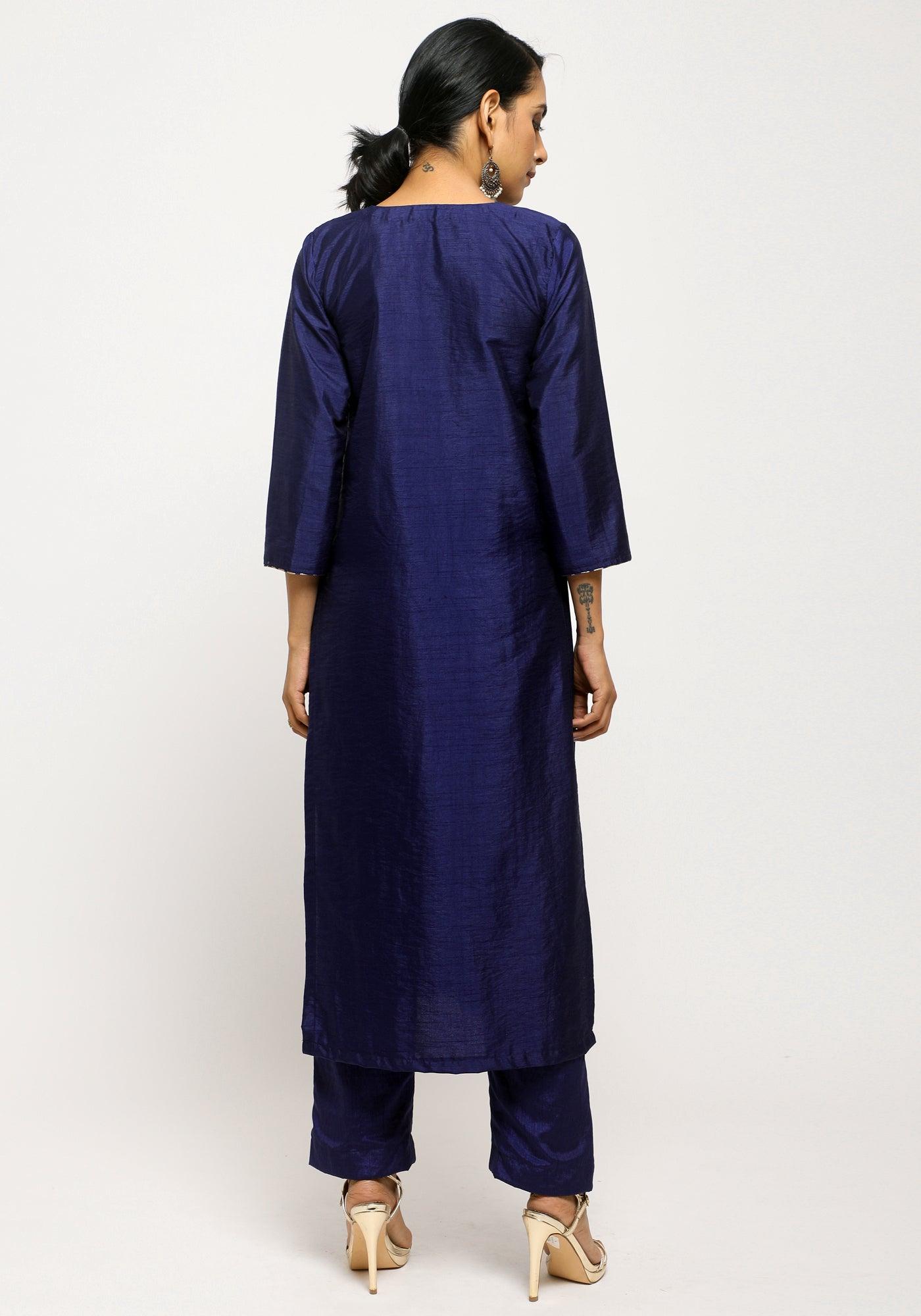 trueBrowns Blue Foil High Slit Set | Swadesiicart
