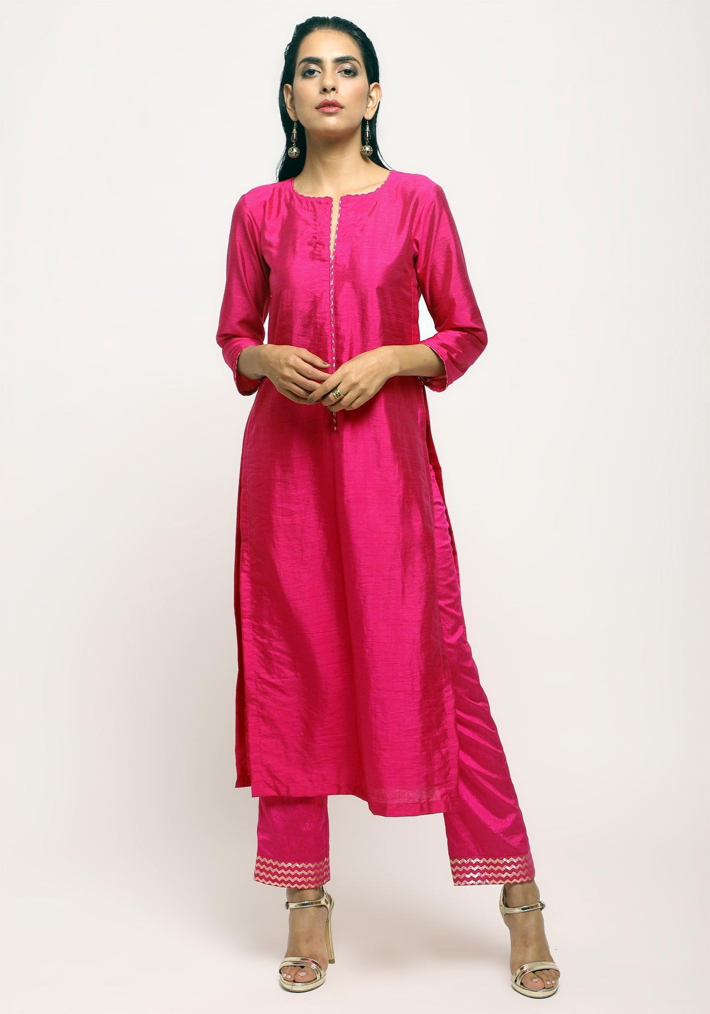 trueBrowns Pink Foil High Slit- Foil Pant | Swadesiicart