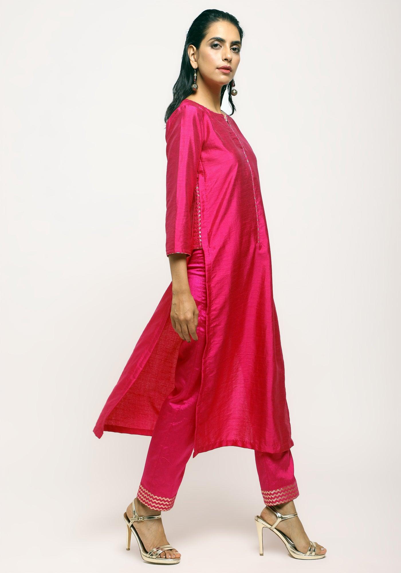 trueBrowns Pink Foil High Slit- Foil Pant | Swadesiicart