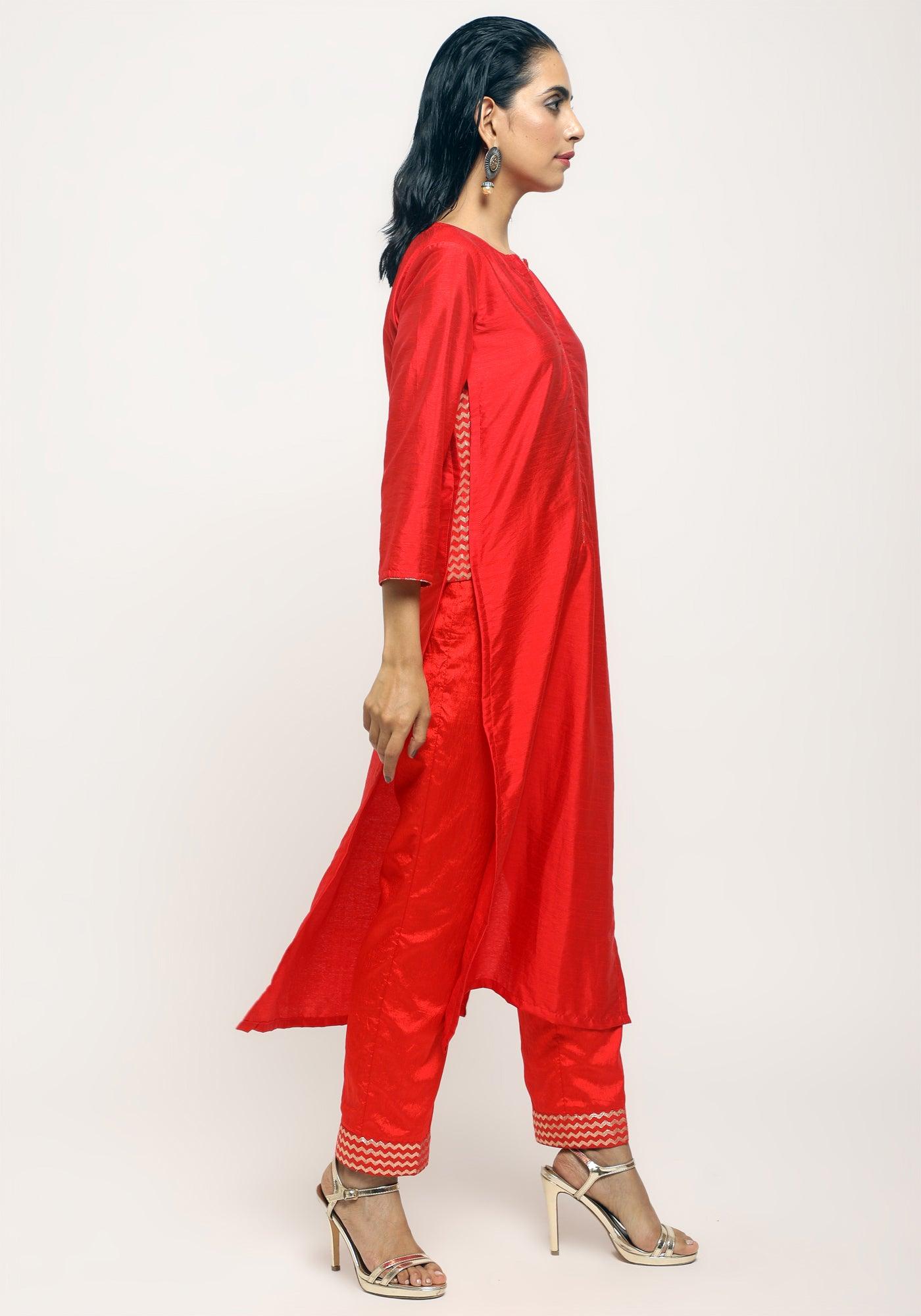 trueBrowns Orange Foil High Slit- Foil Pant | Swadesiicart