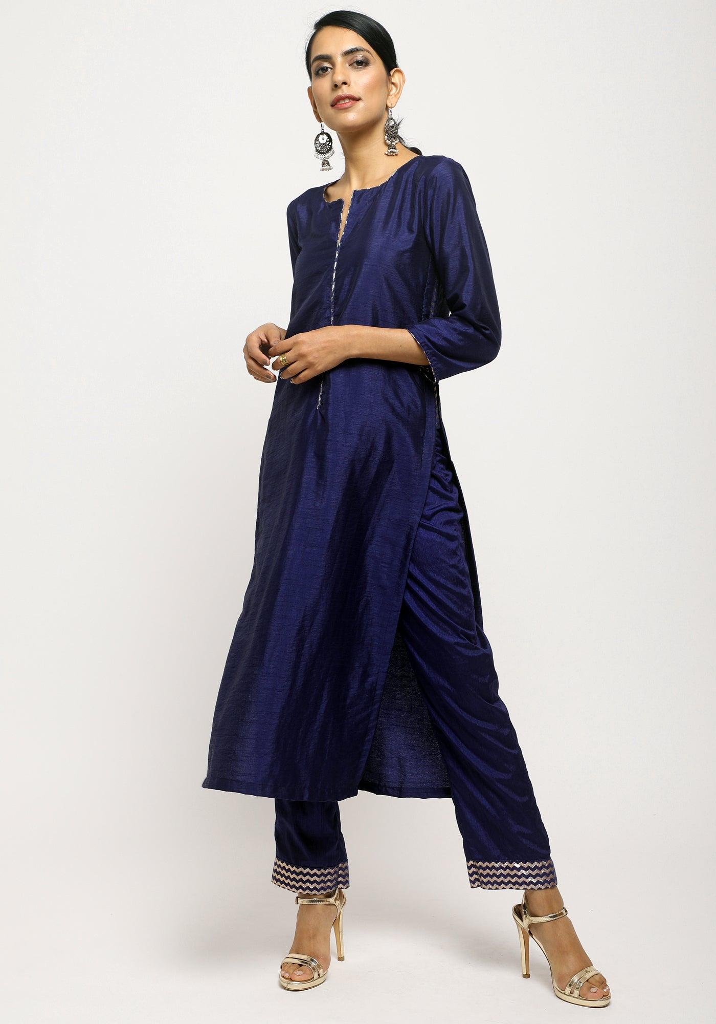 trueBrowns Blue Foil High Slit- Foil Pant | Swadesiicart