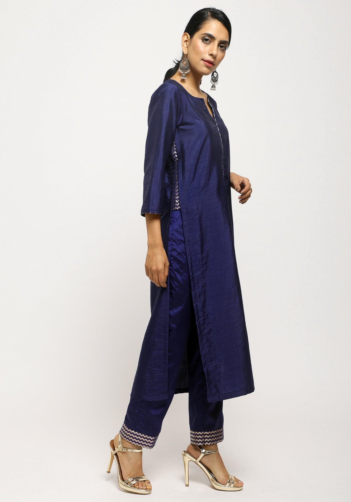 trueBrowns Blue Foil High Slit- Foil Pant | Swadesiicart
