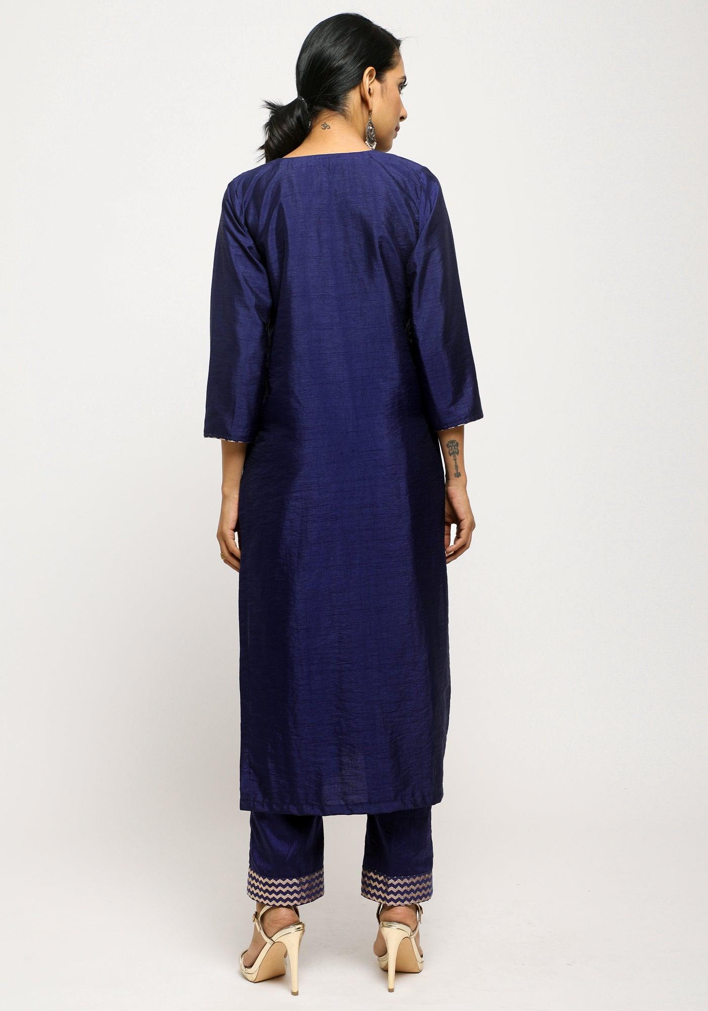 trueBrowns Blue Foil High Slit- Foil Pant | Swadesiicart