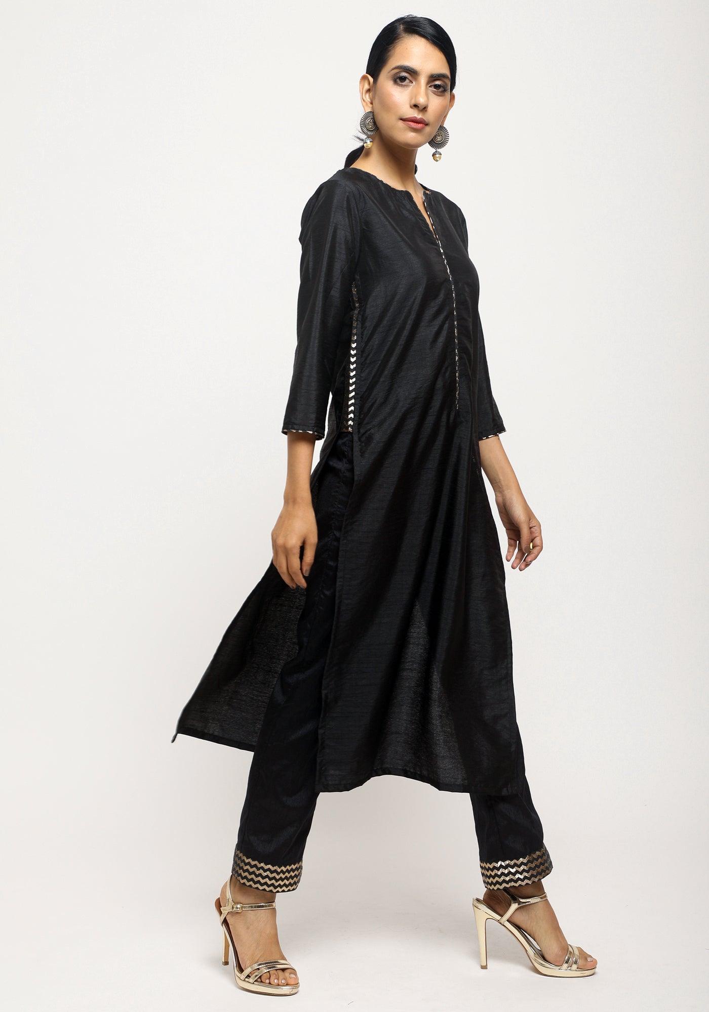 trueBrowns Black Foil High Slit- Foil Pant | Swadesiicart