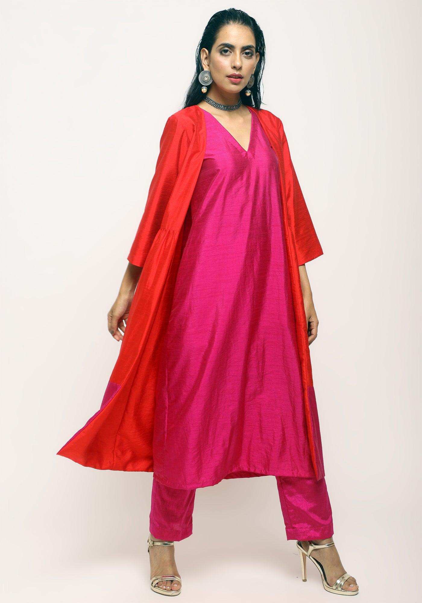 trueBrowns Orange Pink Jacket Kurta Set | Swadesiicart