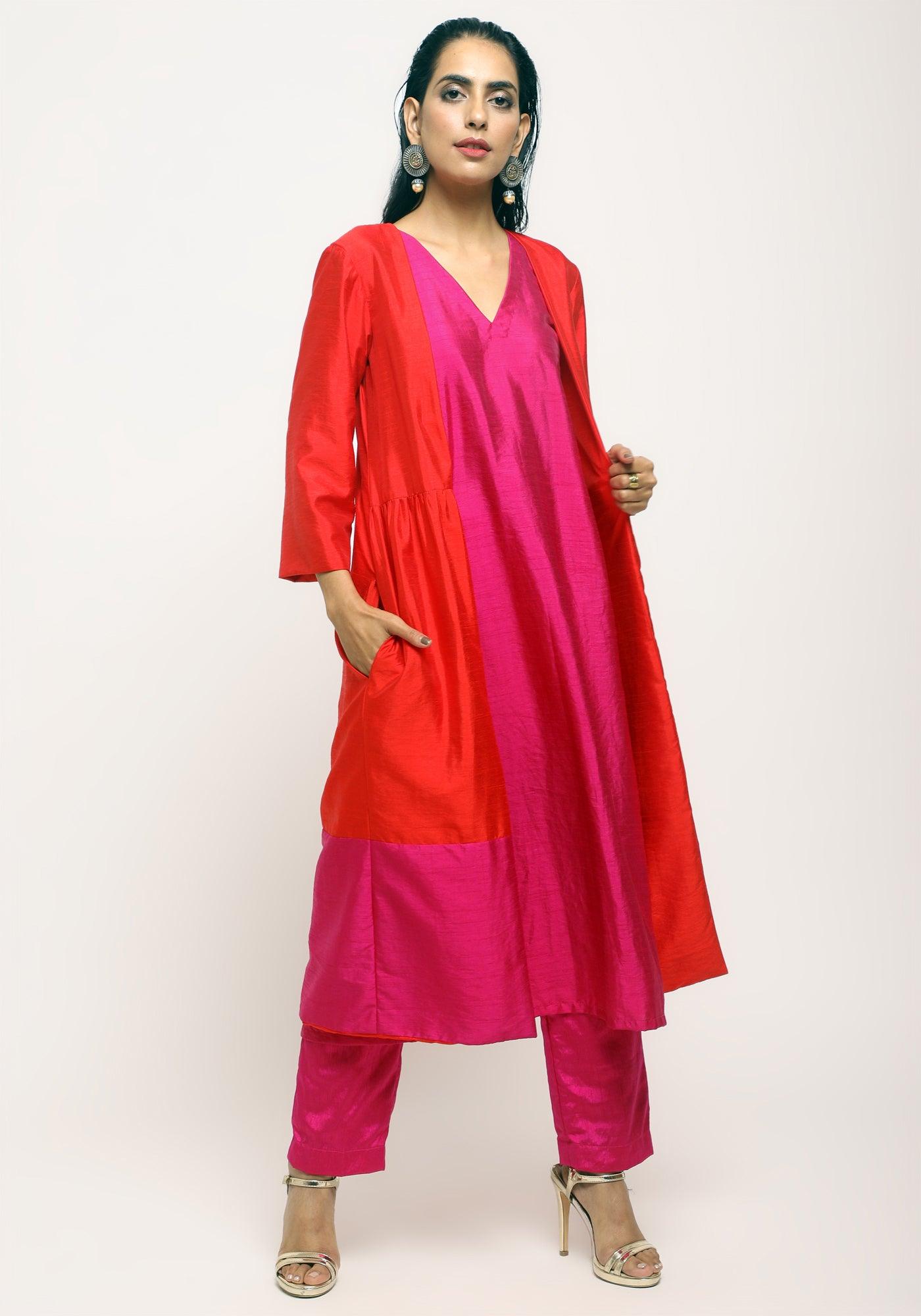 trueBrowns Orange Pink Jacket Kurta Set | Swadesiicart