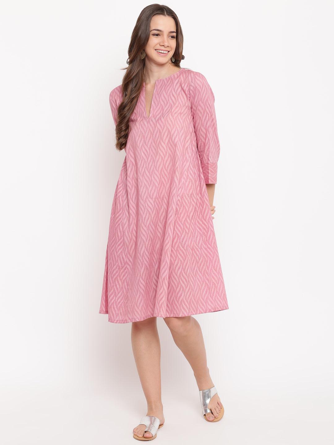 trueBrowns Pink Floral Dobby Cuff Dress | Swadesiicart
